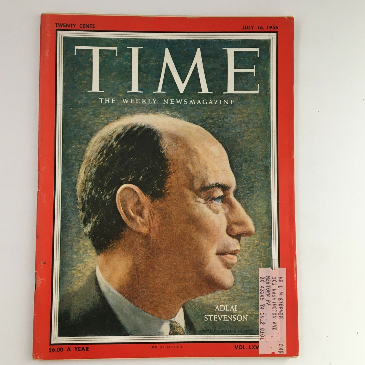 Cover of Time Magazine from July 16, 1956, featuring Adlai Stevenson, the US Ambassador to the United Nations, highlighting its role in 20th-century American politics.