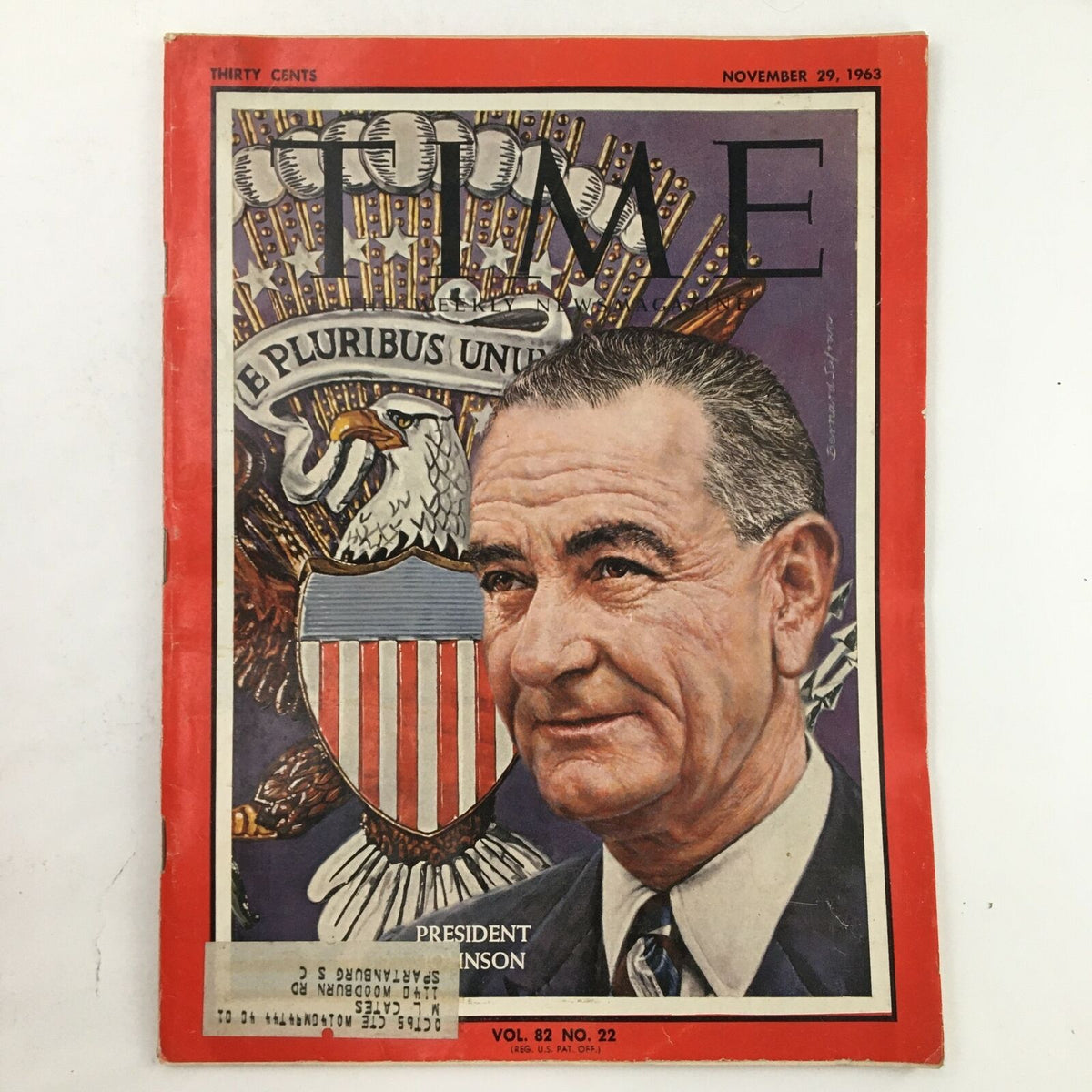 Time Magazine from November 29, 1963 featuring President Lyndon B. Johnson on the cover, showcasing a vintage design with an eagle emblem and patriotic elements.