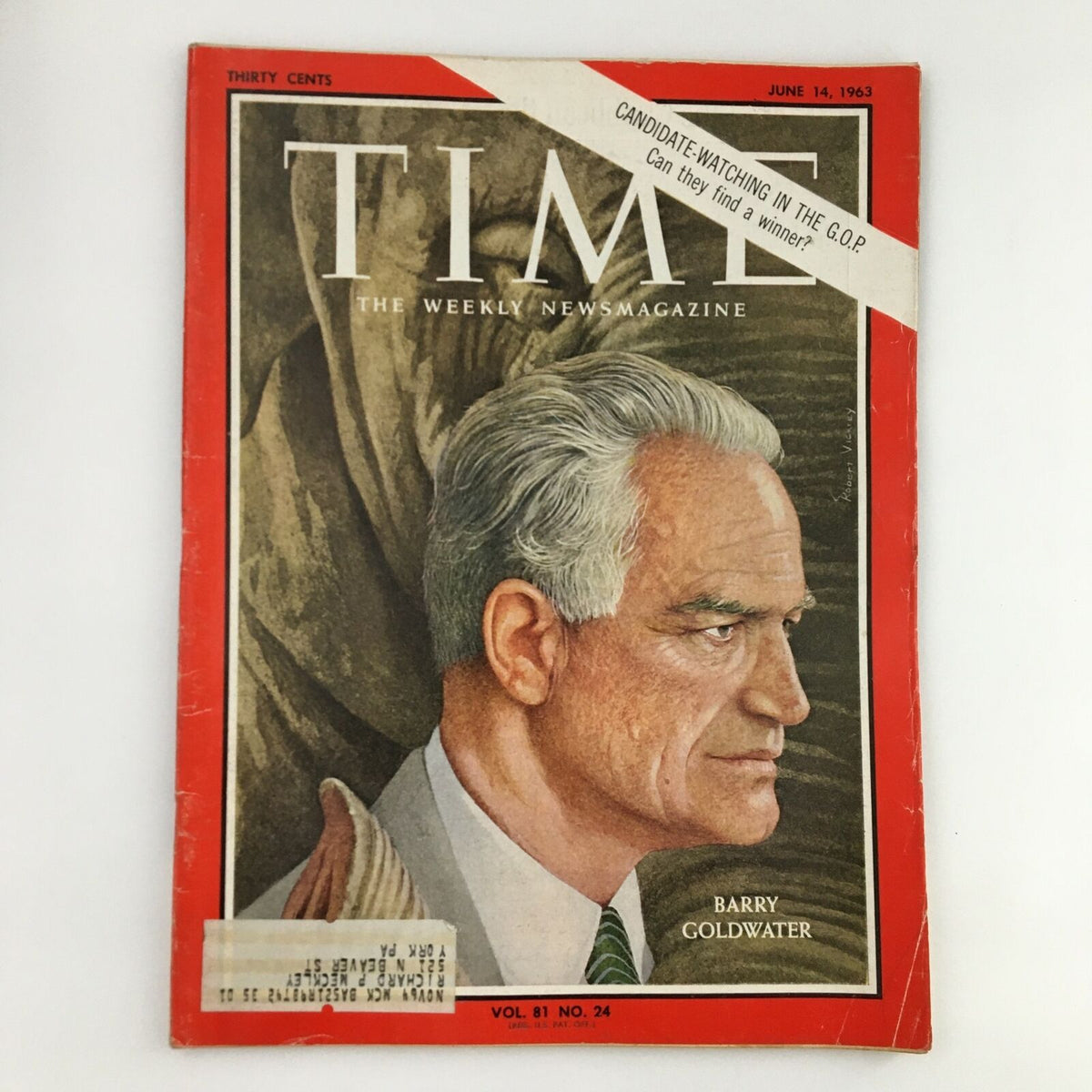 Cover of Time Magazine from June 14, 1963, Vol. 82 No. 24 featuring Senator Barry Goldwater, showcasing a portrait of the politician with an emphasis on the cultural and political context of the early 1960s.