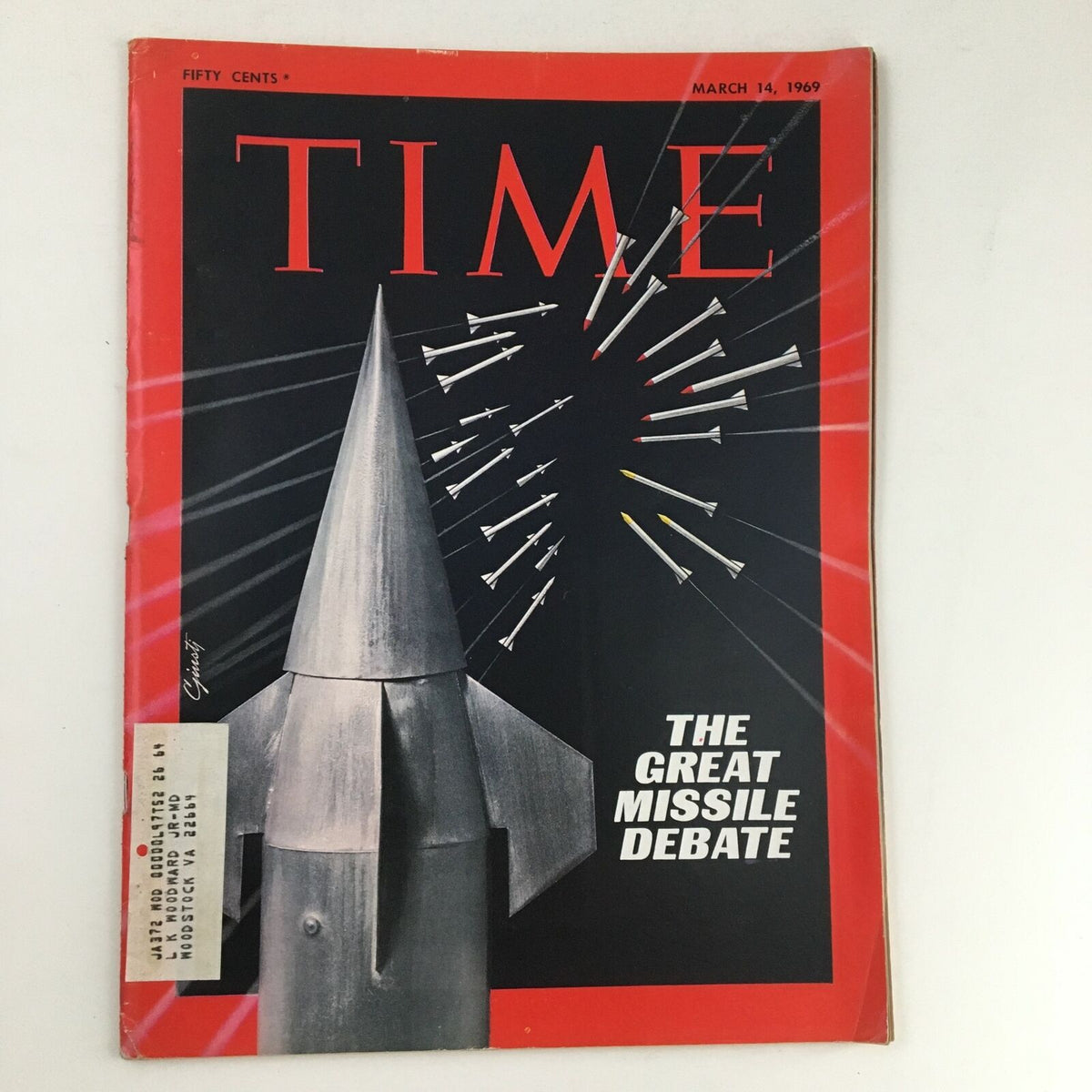 Time Magazine March 14 1969, Vol. 93 No. 11, featuring the cover story 'The Great Missile Debate', depicting a missile and various warheads, highlighting Cold War tensions.
