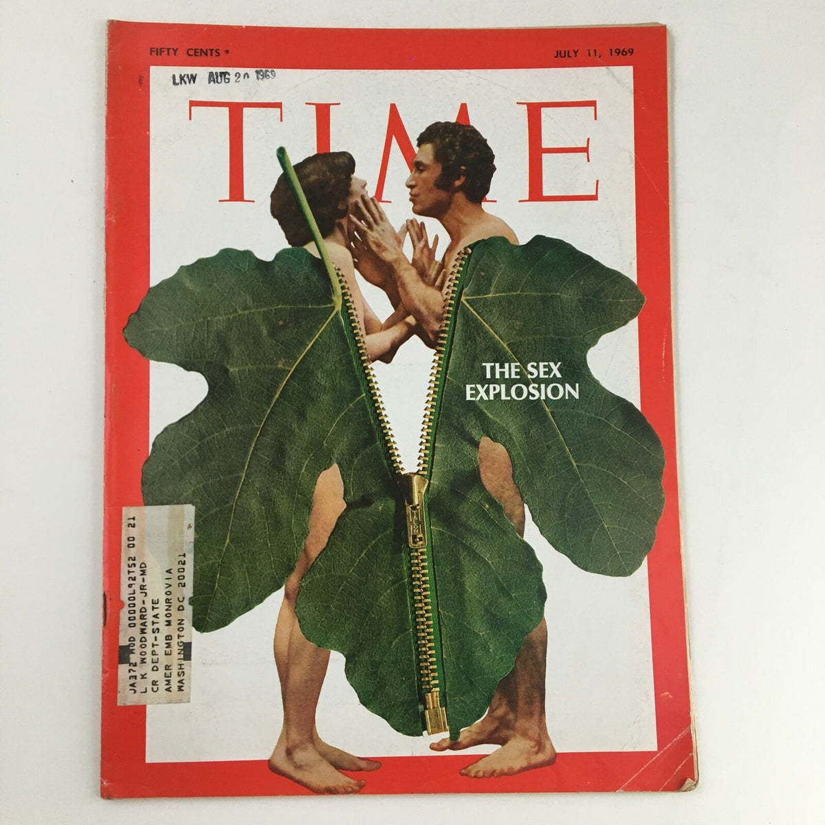 Cover of Time Magazine from July 11, 1969, Volume 94, Number 2, featuring the article 'The Sex Explosion in America', illustrating a provocative scene with two figures partially obscured by fig leaves and a zipper motif.
