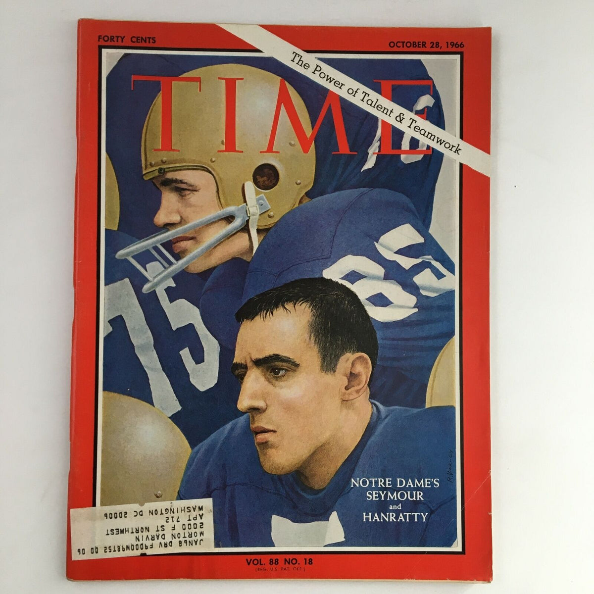 Cover of Time Magazine from October 28, 1966, featuring Notre Dame Football players Seymour and Hanratty. The magazine displays bold red and blue colors, along with the text 'The Power of Talent & Teamwork' and highlights the sports culture of the 1960s.