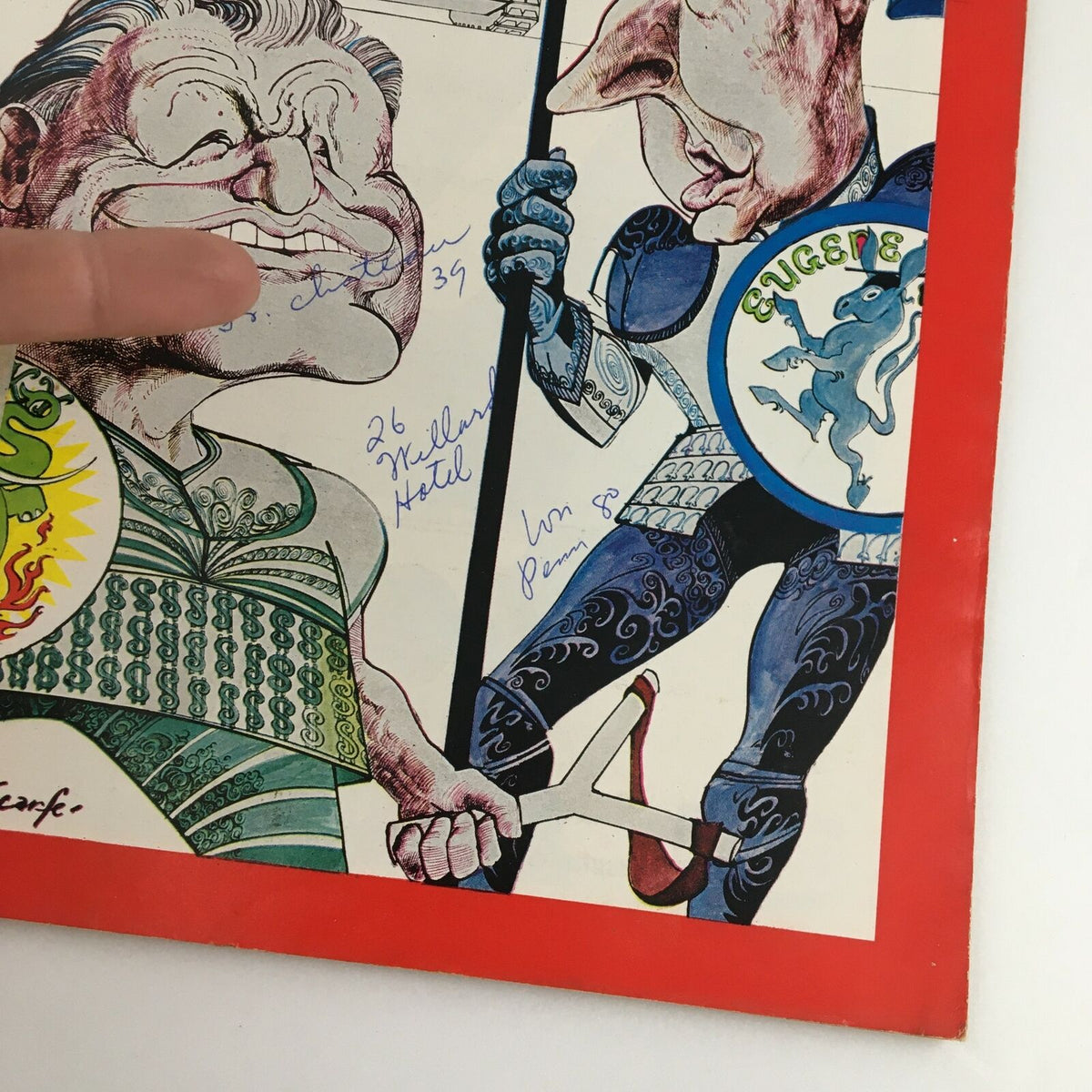 Close-up view of the Time Magazine cover from July 26, 1968, highlighting the caricature of Eugene McCarthy and details including inscriptions on the artwork.