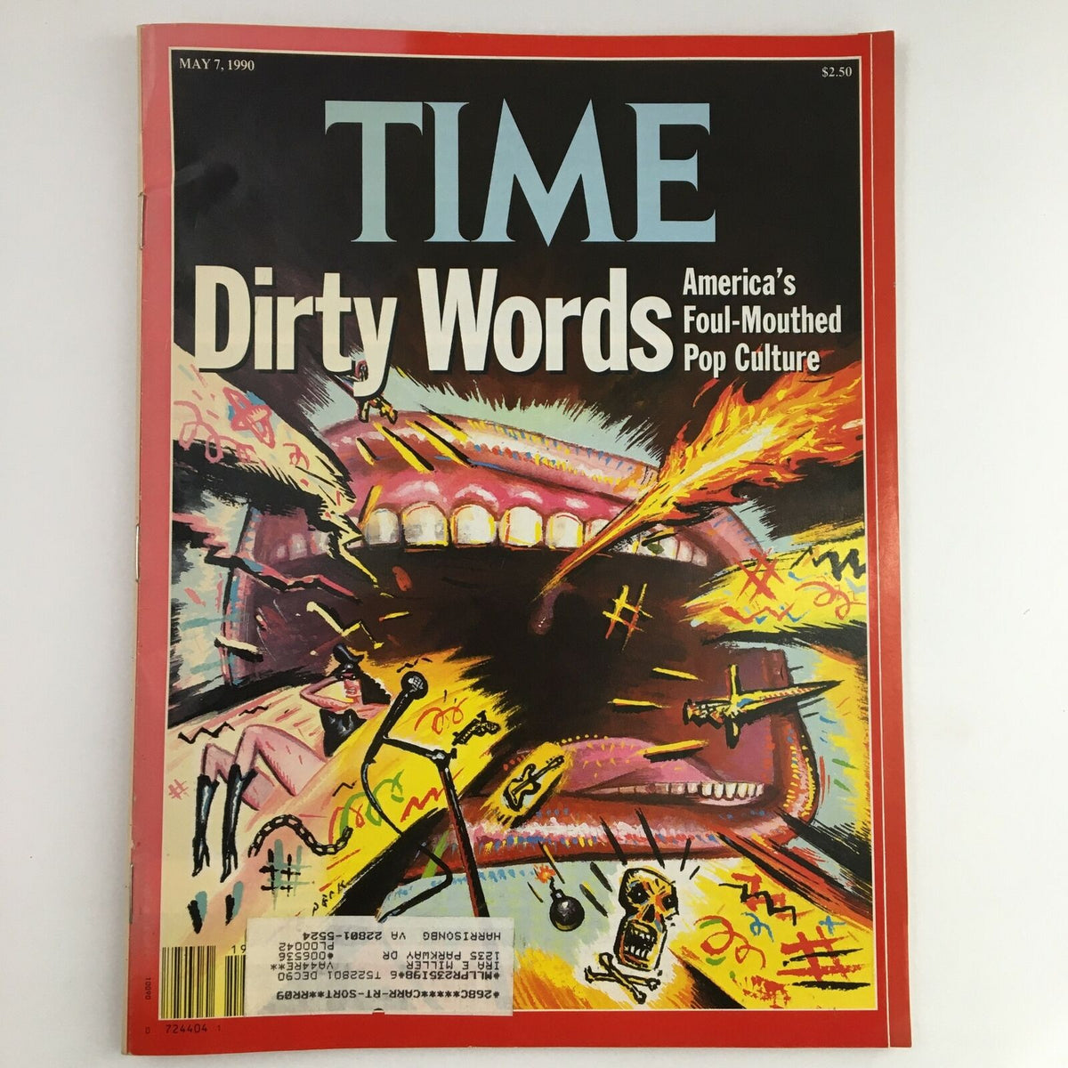 Cover of Time Magazine May 7 1990 featuring the title 'Dirty Words: America's Foul-Mouthed Pop Culture' with vibrant artwork depicting cultural commentary on profanity.