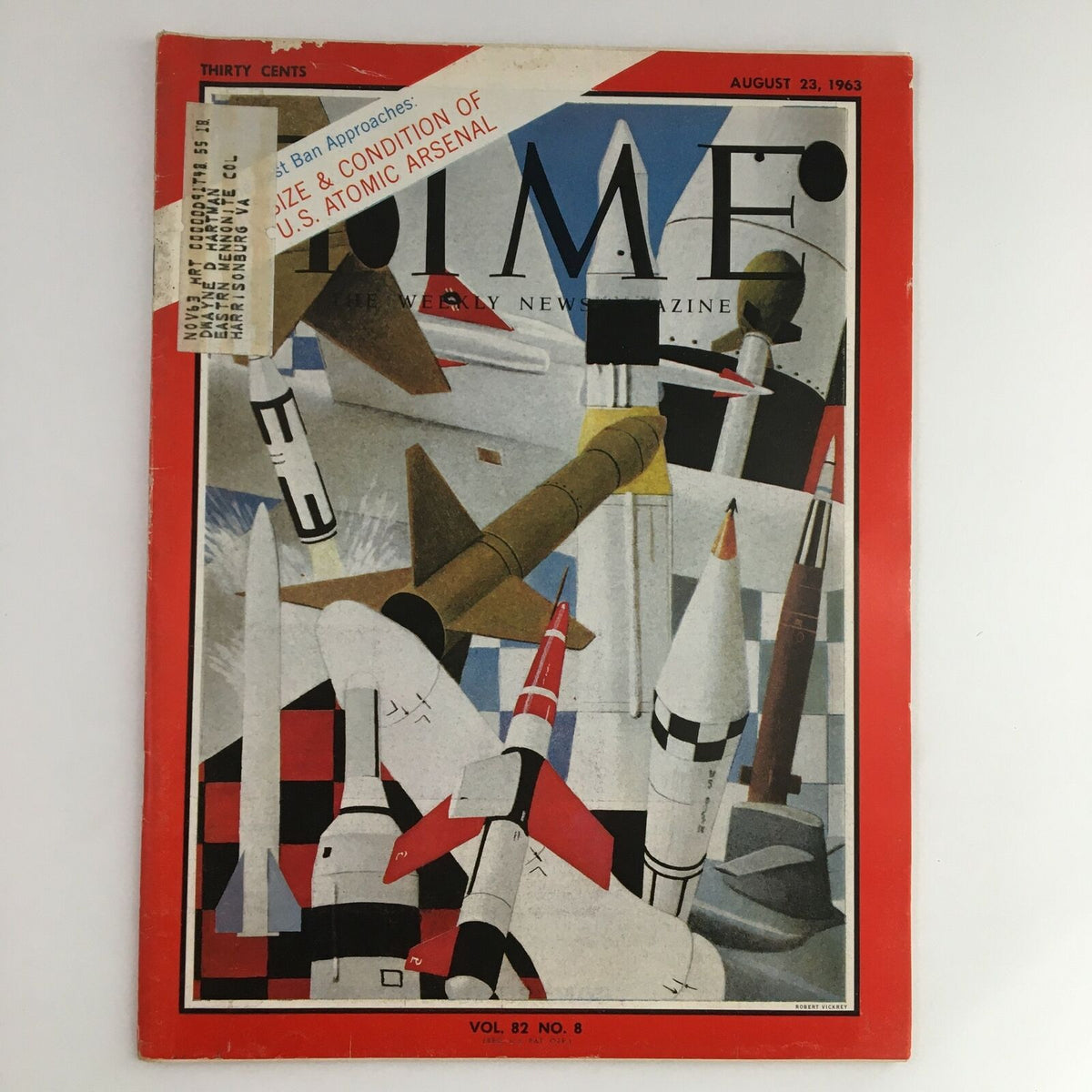 Time Magazine August 23 1963 cover featuring a graphic depiction of missiles and rockets, highlighting the condition of the U.S. Atomic Arsenal. Volume 82, Issue 8.