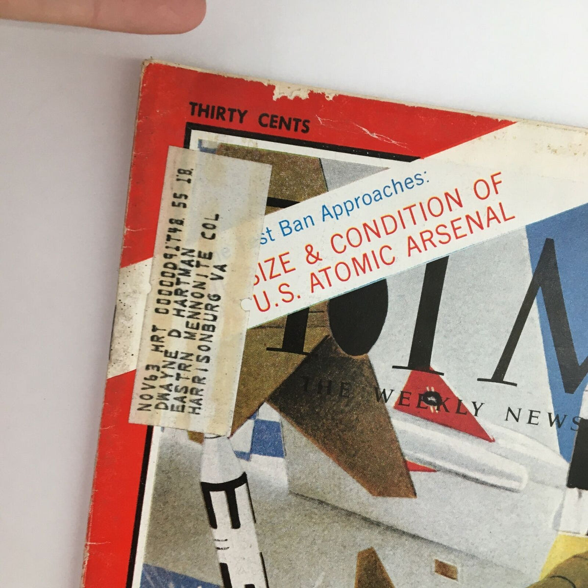Close-up of the Time Magazine August 23 1963 cover, showing the title and a label indicating an article about the size and condition of the U.S. Atomic Arsenal.