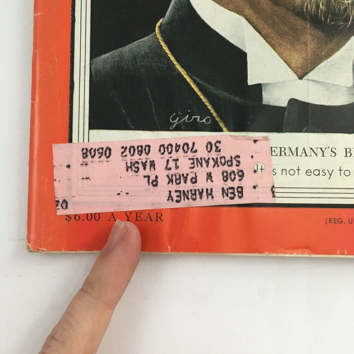 Detail of the Time Magazine from April 6, 1953 cover, highlighting the address label and details of the magazine featuring Germany's Bishop F. K. Otto Dibelius.