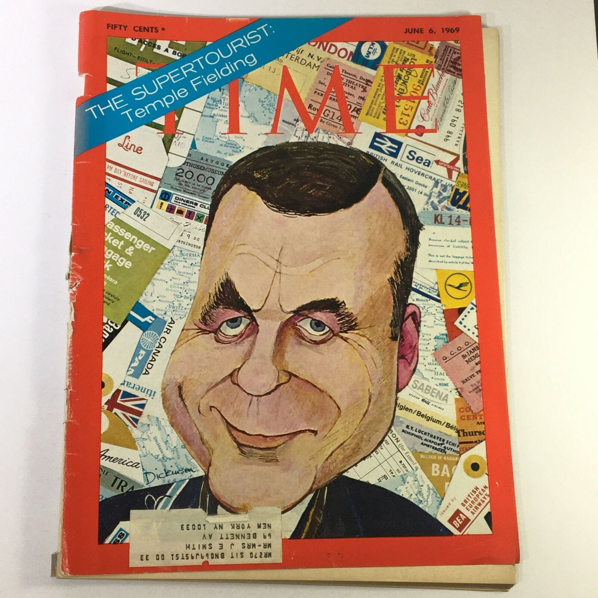 Cover of VTG Time Magazine June 6, 1969 featuring Leonid Brezhnev and the headline 'THE SUPERTOURIST: Temple Fielding,' showcasing vibrant colors and artistic caricature.