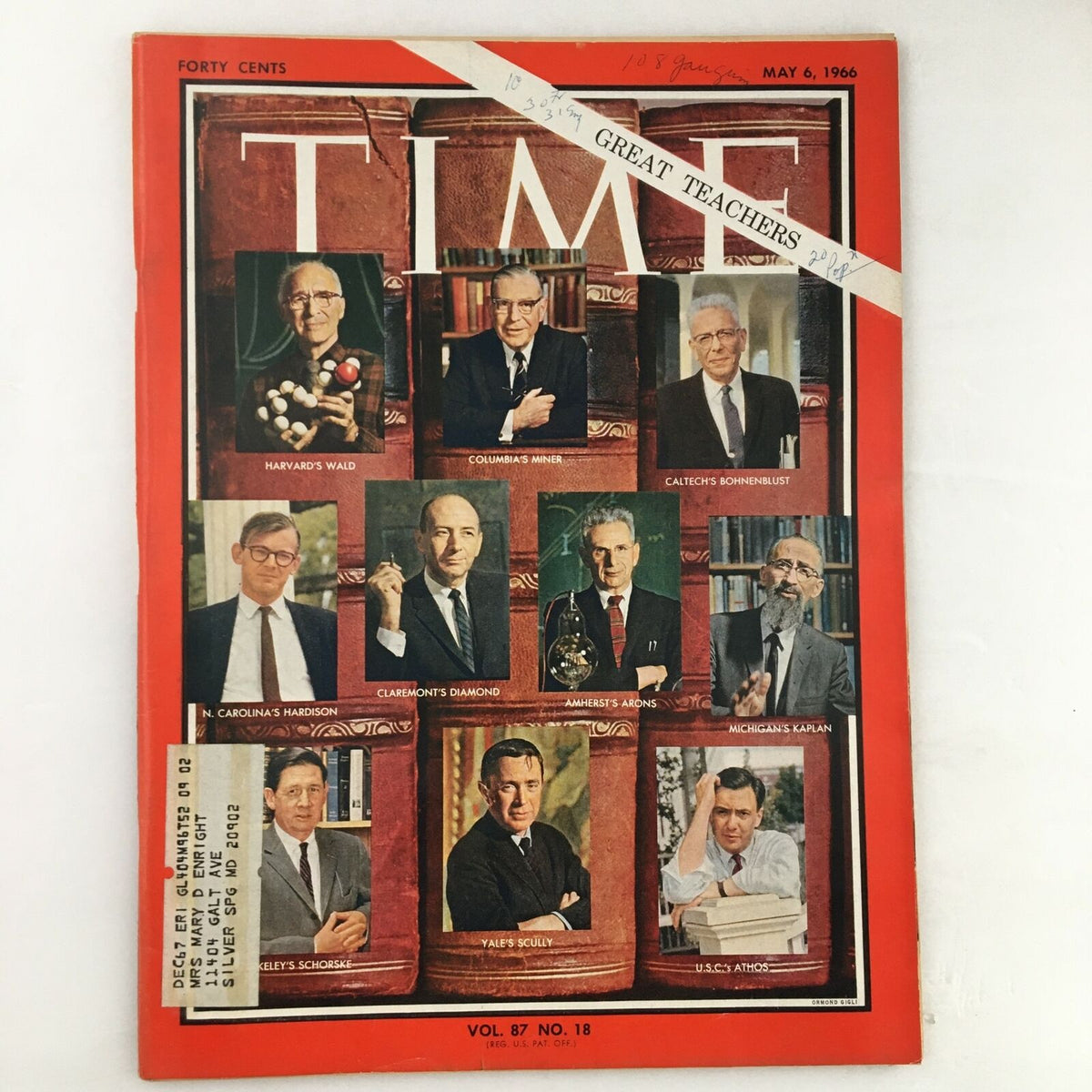 Cover of Time Magazine, May 6, 1966, Volume 82, Issue 18, featuring a collection of influential educators themed as 'The Great Teachers of Universities'.