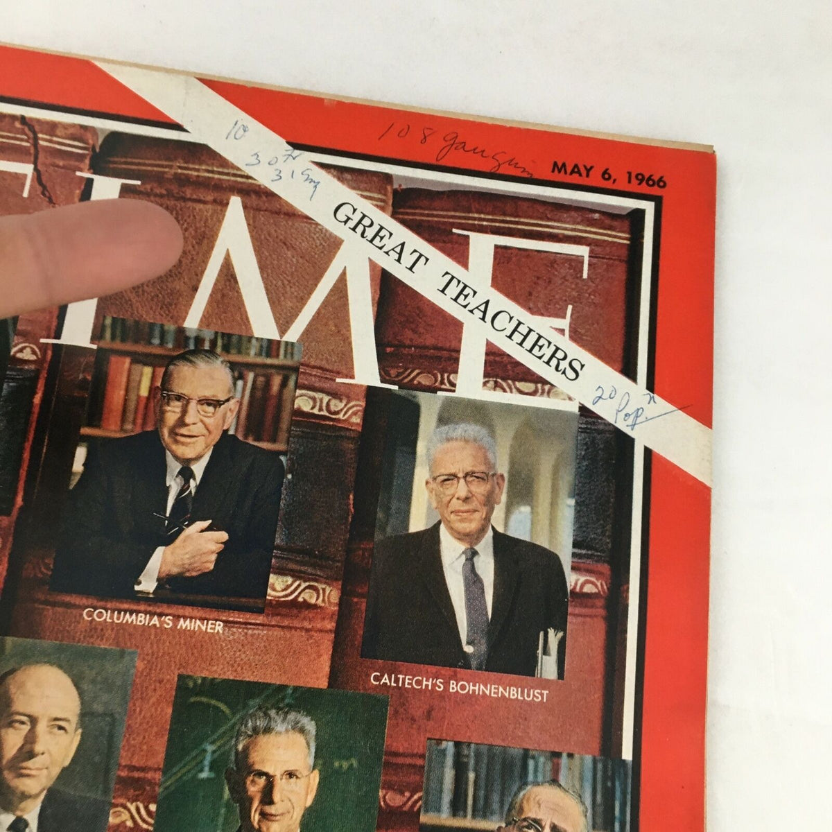 Close-up of the Time Magazine cover dated May 6, 1966, highlighting Columbia's Miner and Caltech's Bohnenblust among 'The Great Teachers of Universities'.