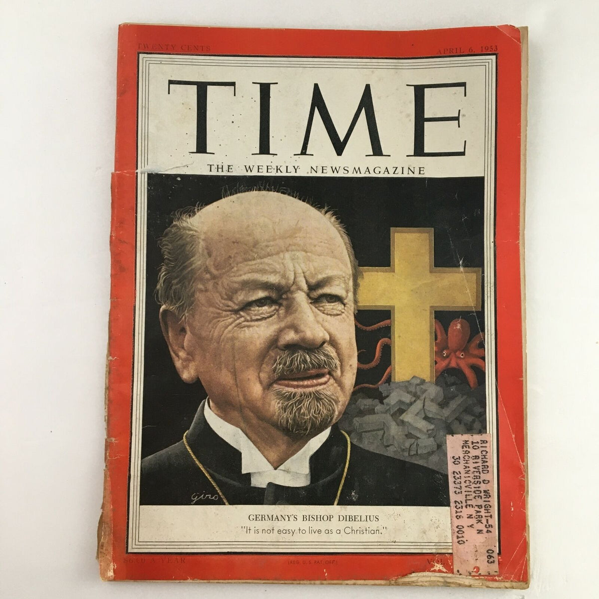 Time Magazine April 6 1953 Vol. 61 No. 14 featuring Germany's Bishop F. K. Otto Dibelius on the cover, showcasing a historical snapshot of post-World War II Germany.