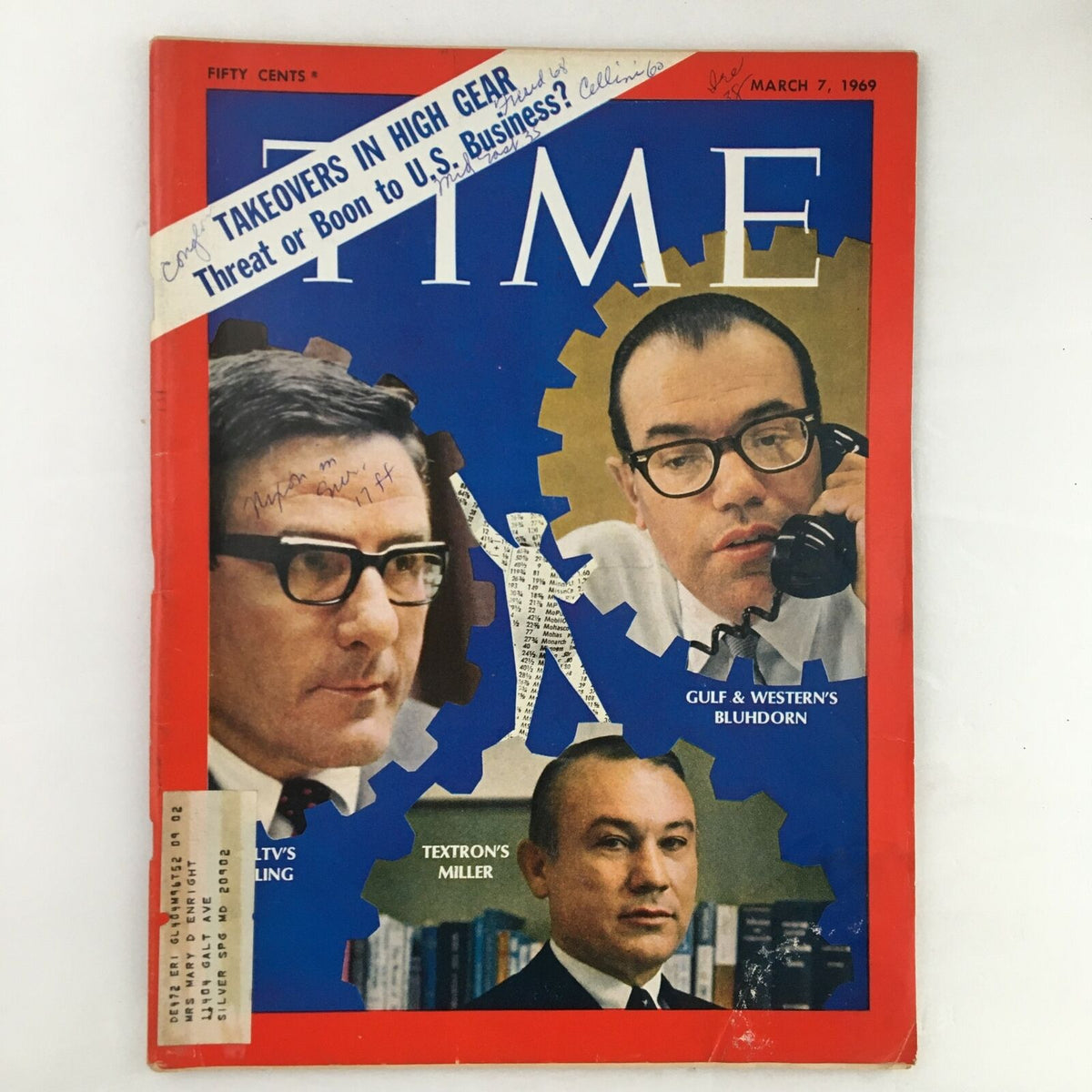 Time Magazine cover from March 7, 1969, featuring the title 'Takeovers in High Gear: A Threat?' with a colorful design and images of prominent business figures.