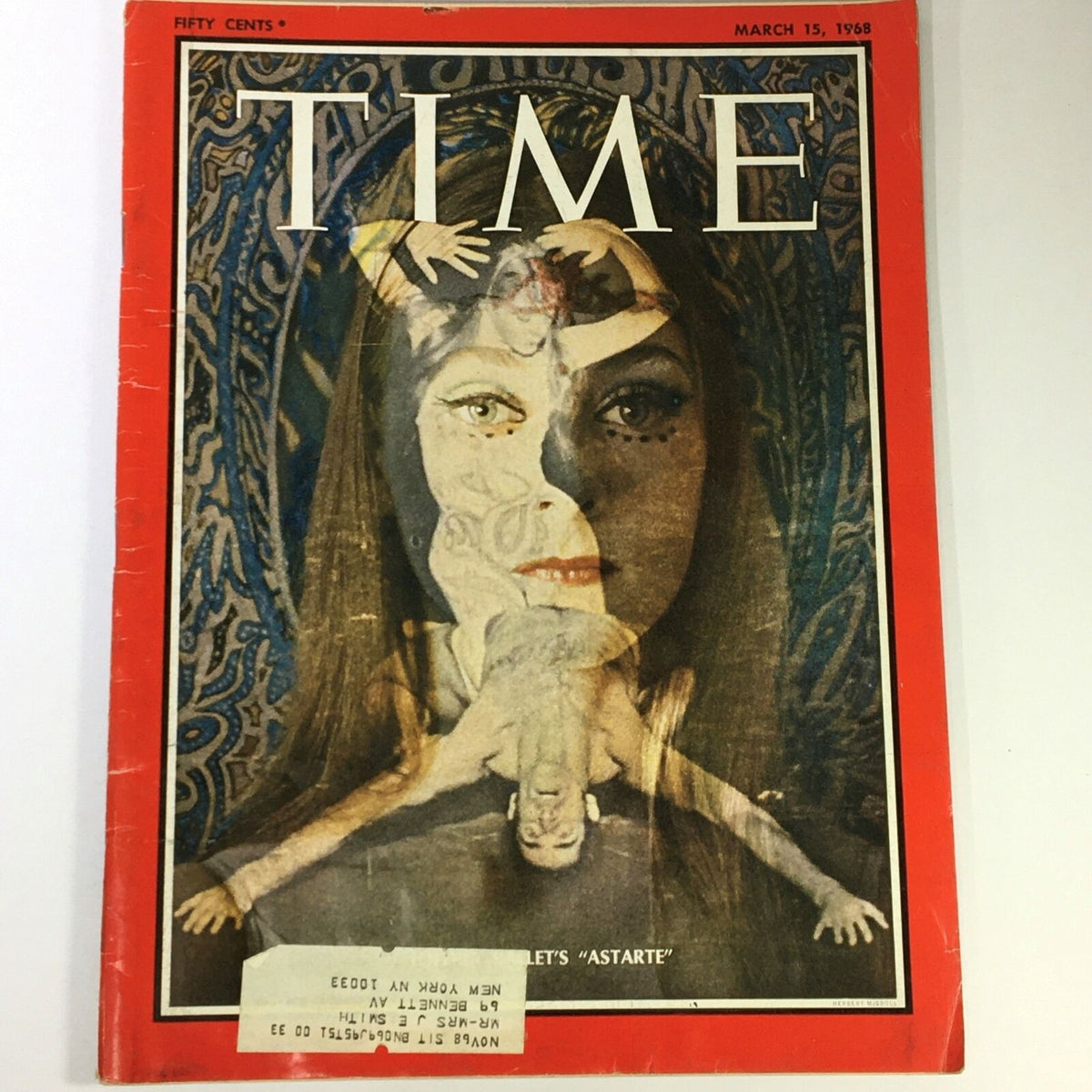 Cover of VTG Time Magazine March 15, 1968, Volume 91, Number 11, featuring the Joffrey Ballet's 'Astarte'. The magazine showcases a vintage artistic design with a woman’s portrait overlaying a dancer, accentuating the cultural significance of dance in the 1960s.