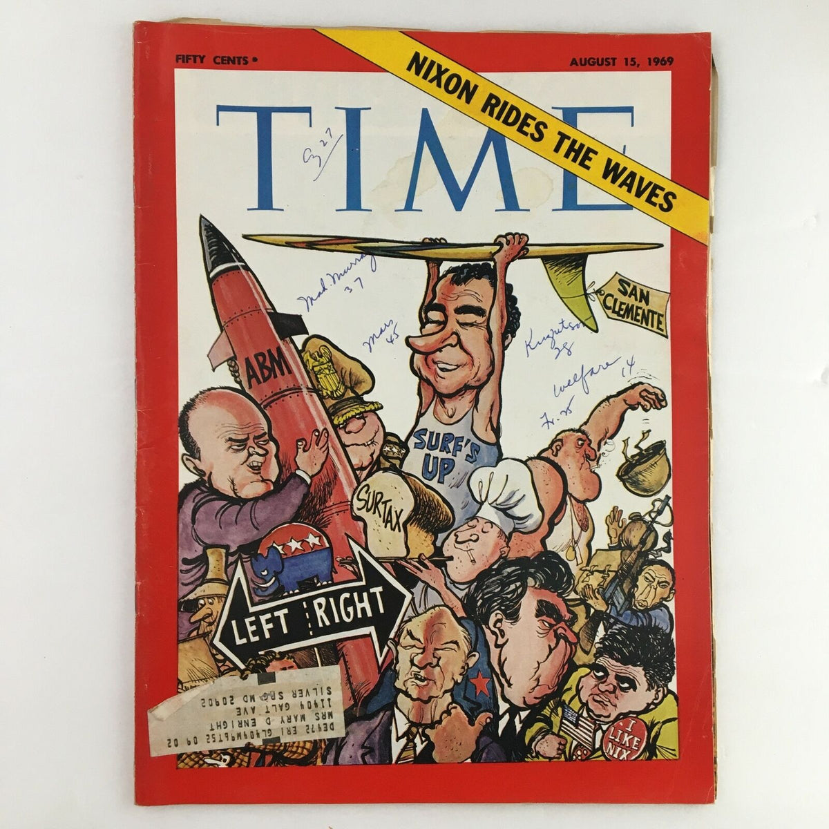 Time Magazine August 15 1969 cover featuring the cartoon illustration of Richard Nixon with a surfboard, and various political figures, titled 'Nixon Rides The Waves'. The cover displays political satire and vibrant colors.