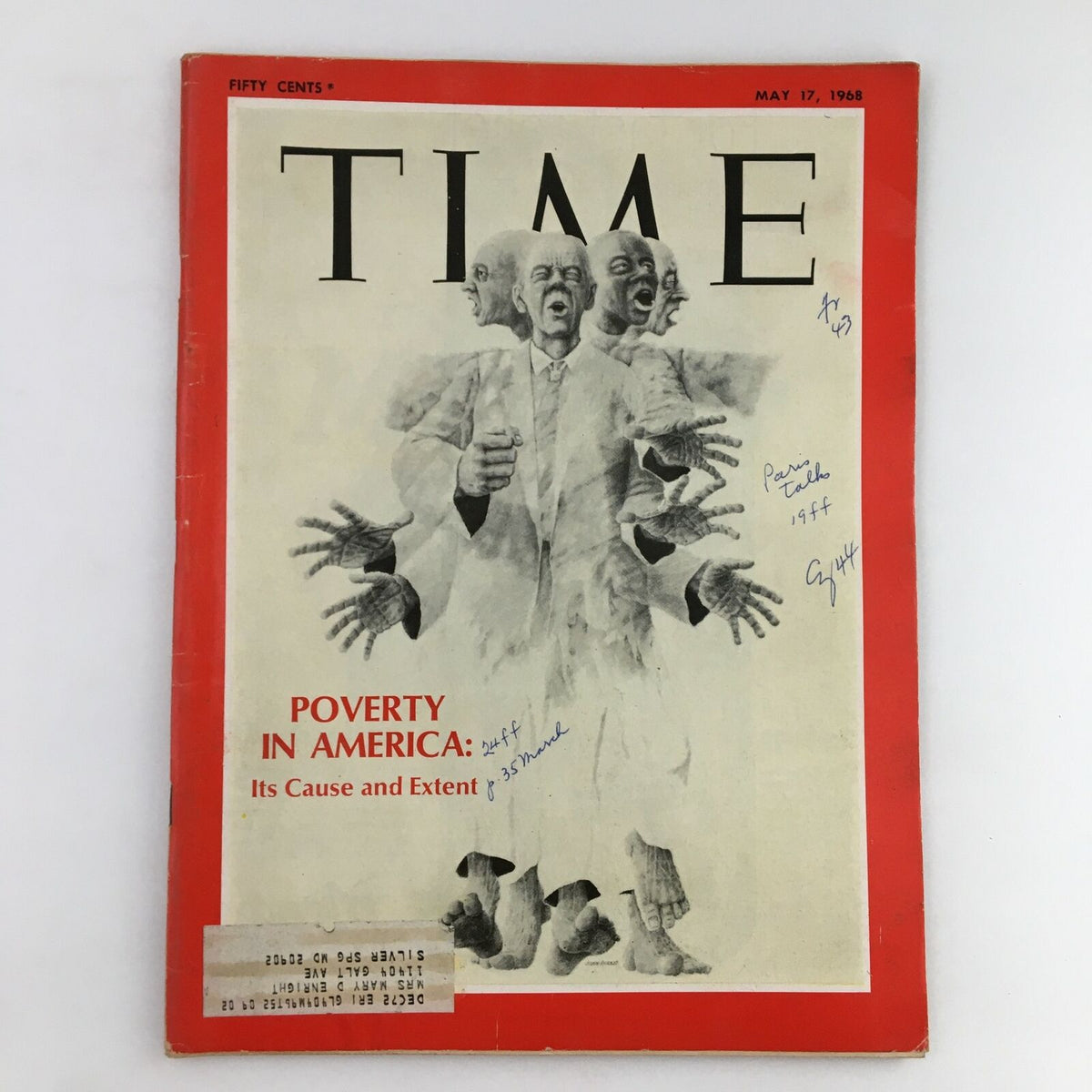 Cover of Time Magazine from May 17, 1968, featuring the title 'Poverty in America: Its Cause and Extent,' with artistic depiction of multiple hands and faces, showcasing the theme of social issues.