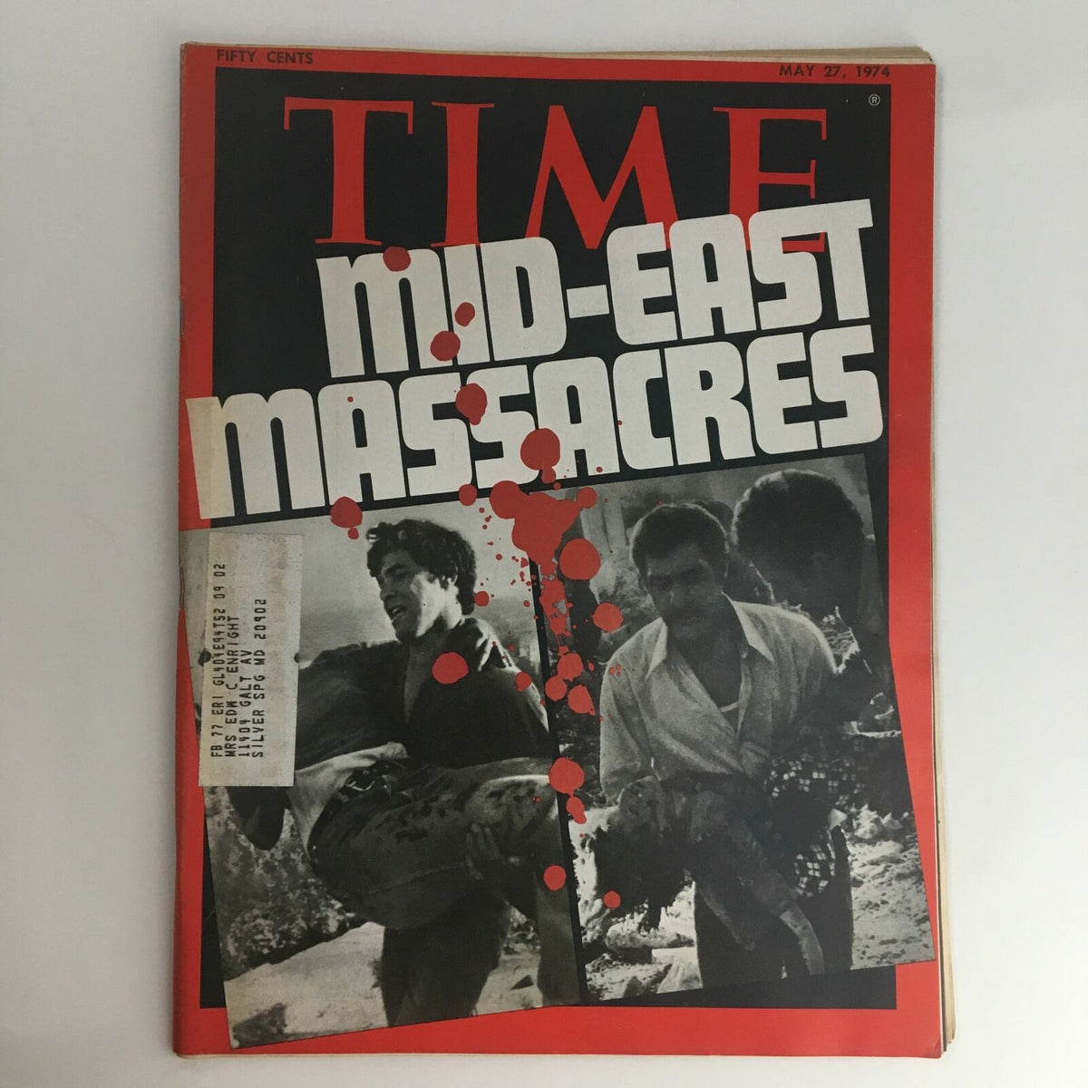 Cover of Time Magazine from May 27, 1974, Volume 103, No. 21 featuring the title 'Mid-East Massacres' with striking red and white text, showcasing a powerful image related to the geopolitical events of that time.