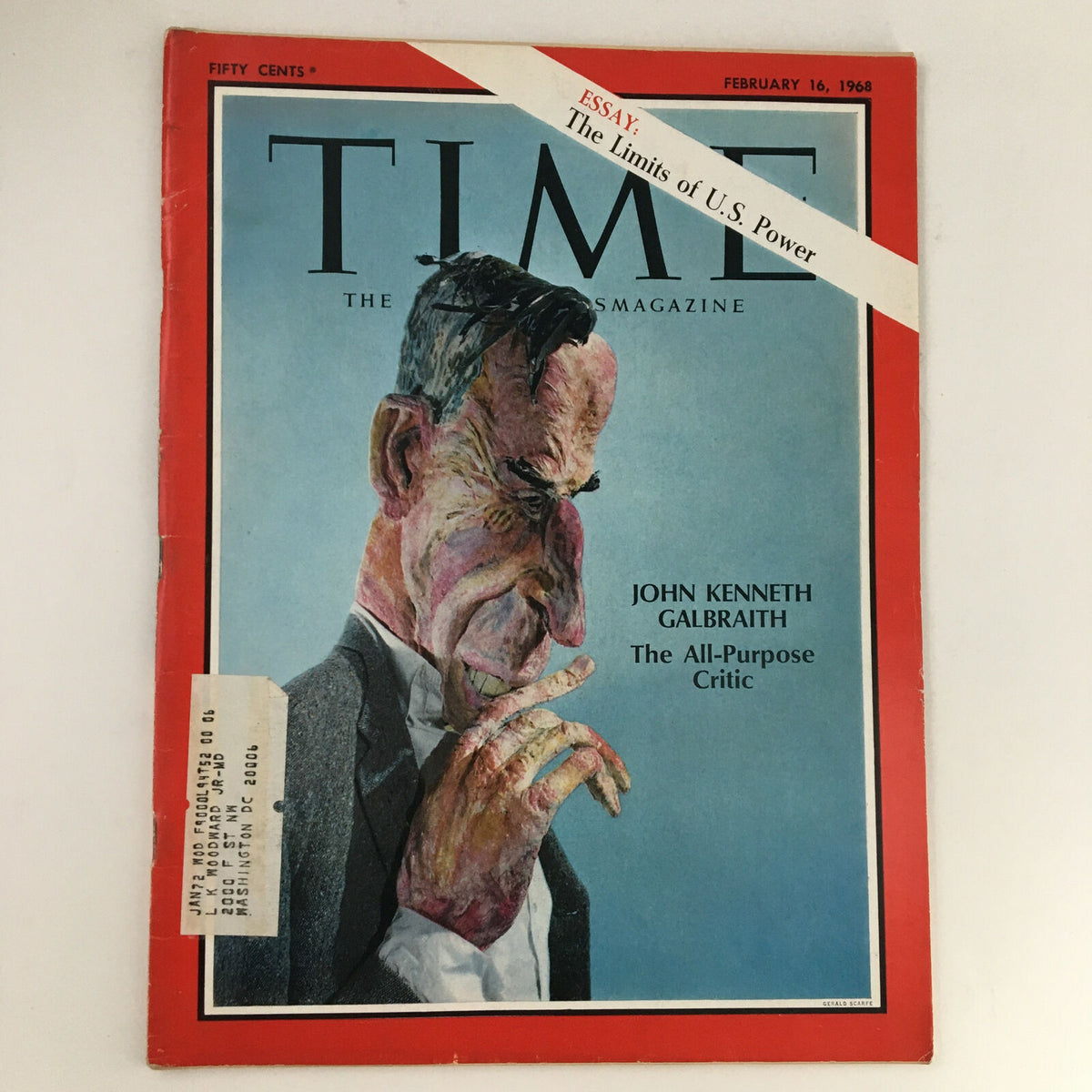 Cover of Time Magazine February 16 1968, featuring John Kenneth Galbraith as the All-Purpose Critic, showcasing vibrant illustration and historical significance.