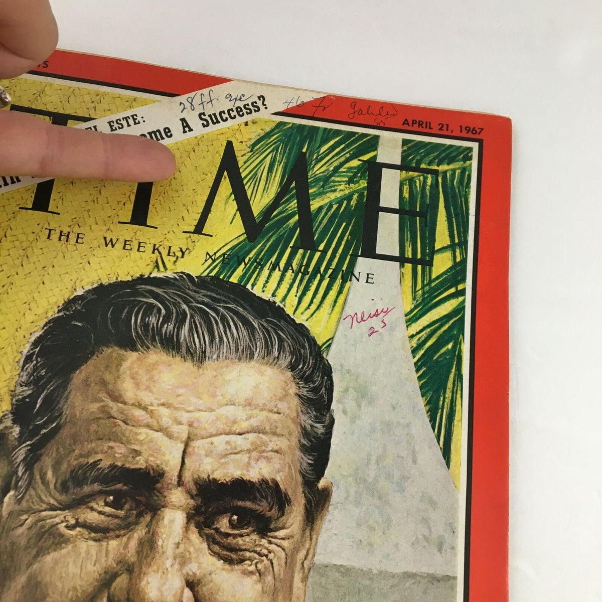Close-up of the cover of Time Magazine from April 21, 1967, featuring Brazil's President Costa E Silva, showcasing vintage details and handwritten notes.