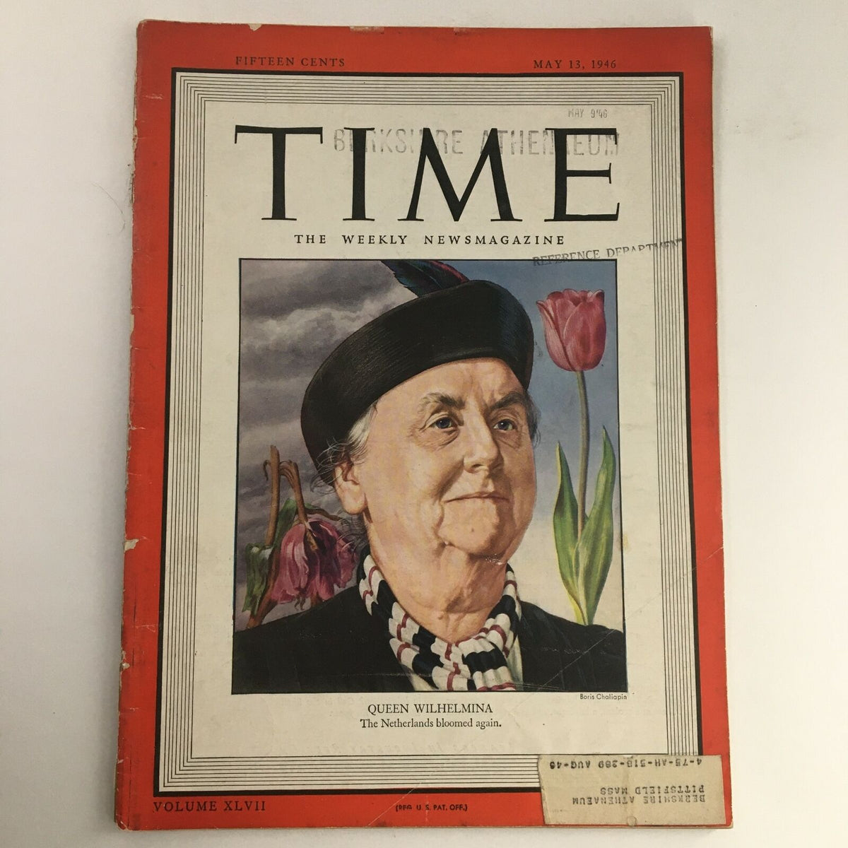 Cover of Time Magazine dated May 13, 1946, featuring Queen Wilhelmina of the Netherlands, with a portrait of the queen, tulips, and the magazine's title prominently displayed.