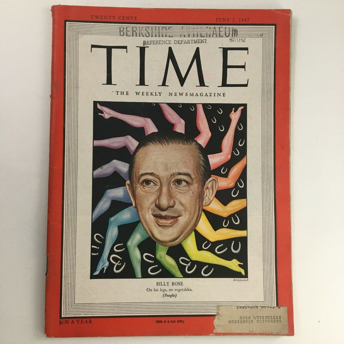 Time Magazine June 2, 1947 cover featuring American impresario Billy Rose surrounded by colorful abstract designs showcasing a vibrant mid-20th century aesthetic.