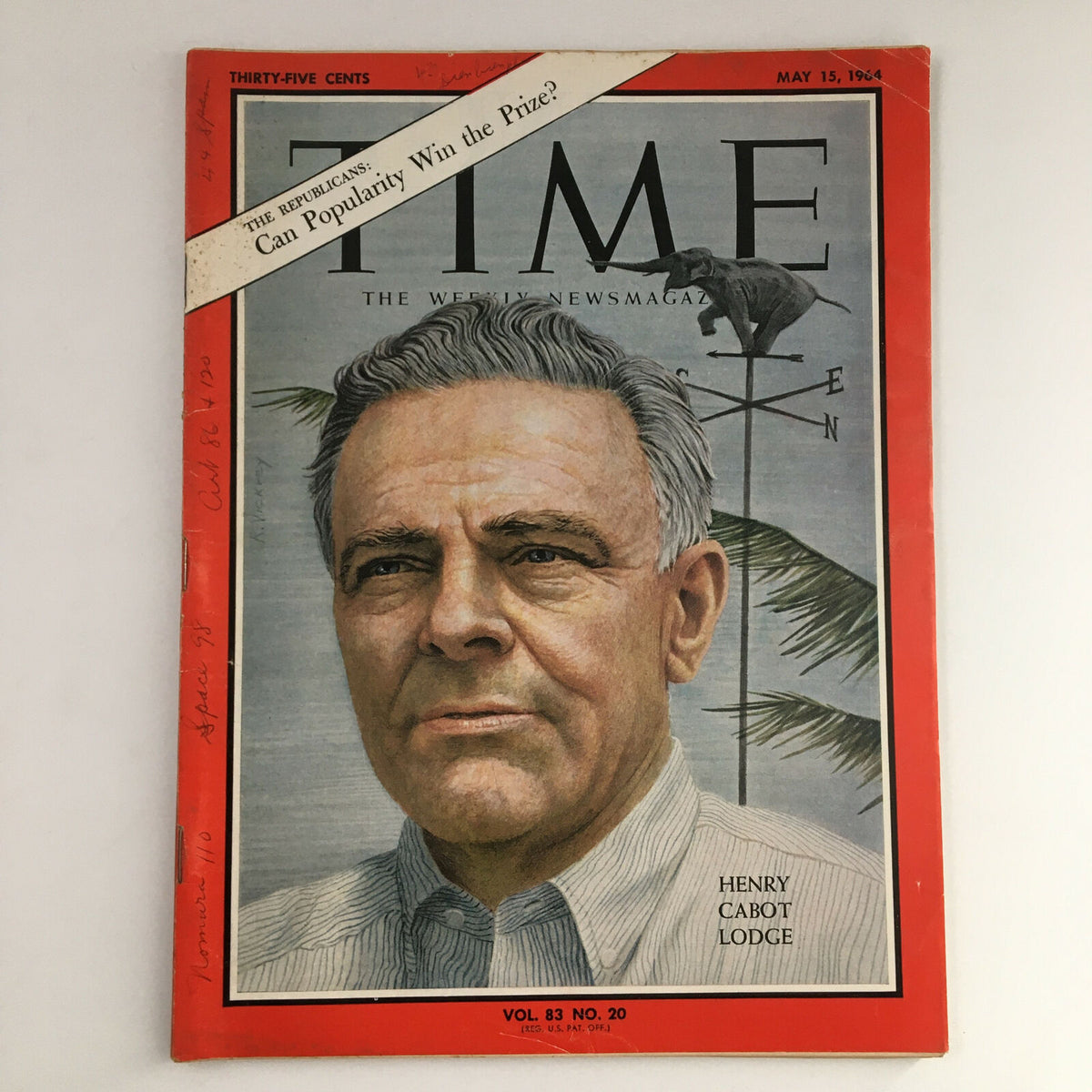 Time Magazine May 15, 1964 Cover featuring politician Henry Cabot Lodge, showcasing his portrait against a vintage background.