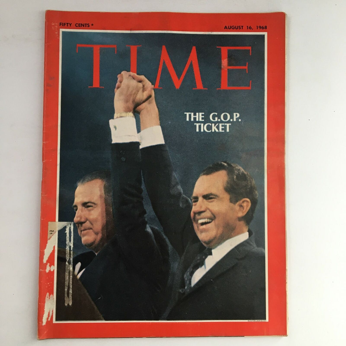 Cover of Time Magazine dated August 16, 1968, featuring Lyndon B. Johnson and Richard Nixon with raised arms, titled 'The G.O.P. Ticket'.