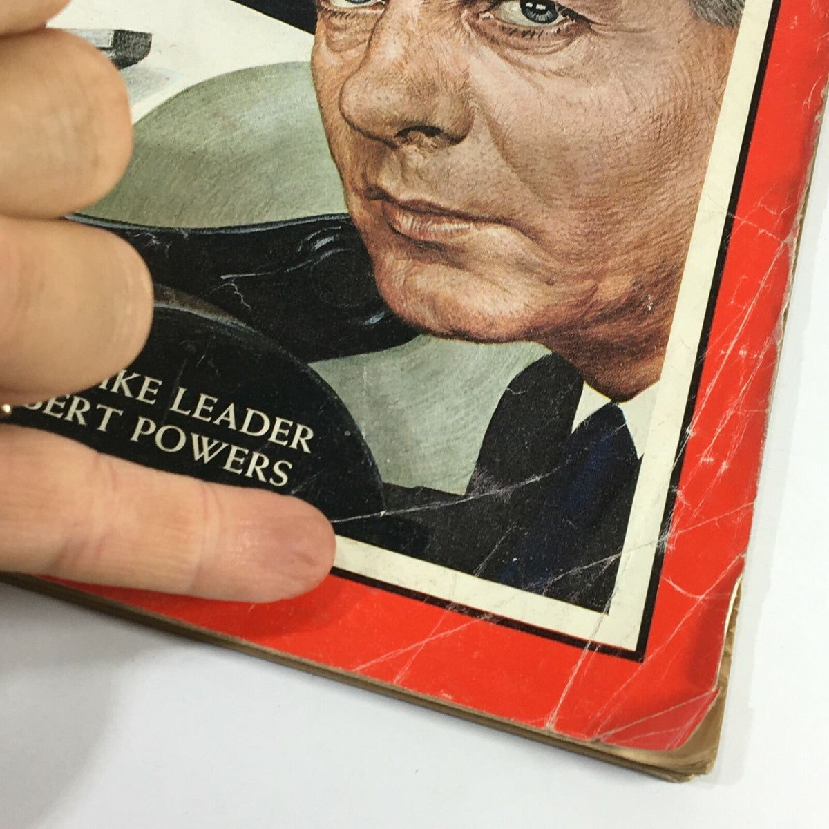 Close-up of the cover of VTG Time Magazine March 1 1963, highlighting the artwork of Strike Leader Bert Powers. The magazine features a detailed illustration emphasizing the theme of labor rights.