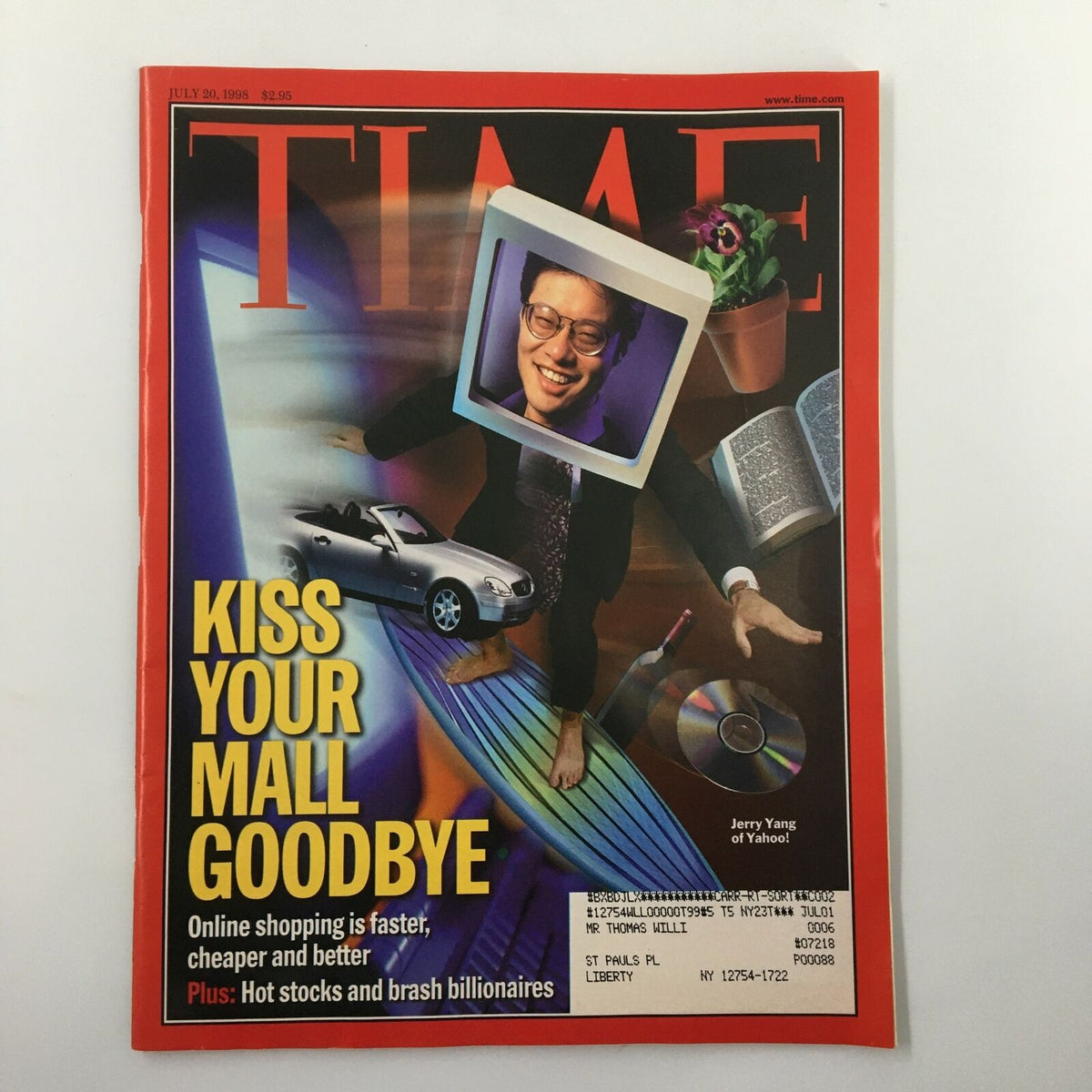 Cover of Time Magazine from July 20, 1998 featuring Jerry Yang of Yahoo. The cover title reads 'Kiss Your Mall Goodbye' and highlights themes of online shopping and digital innovation.