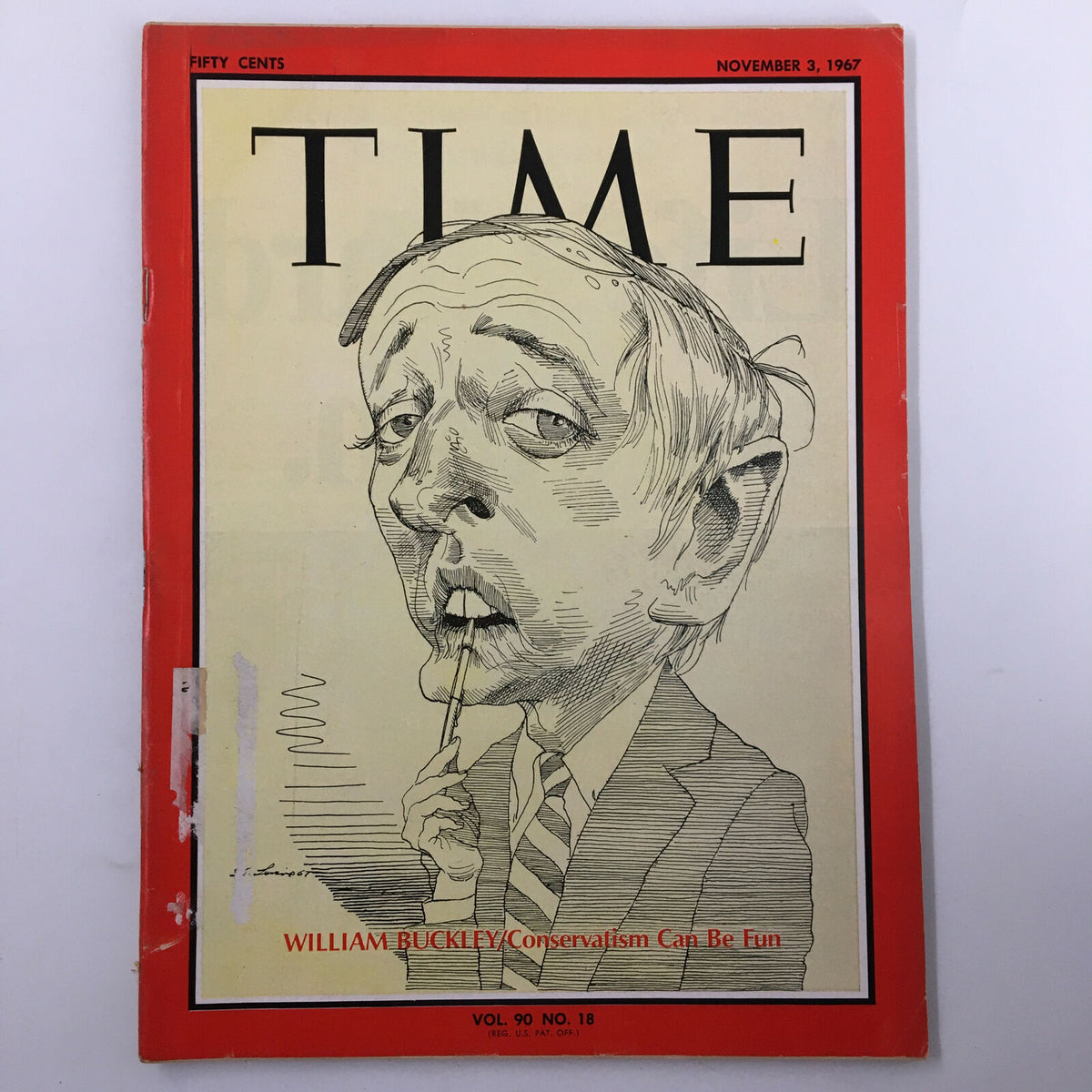 VTG Time Magazine Cover from November 3, 1967 featuring William Buckley and the theme of Conservatism, Volume 90 No. 18, showcasing a caricature illustration.