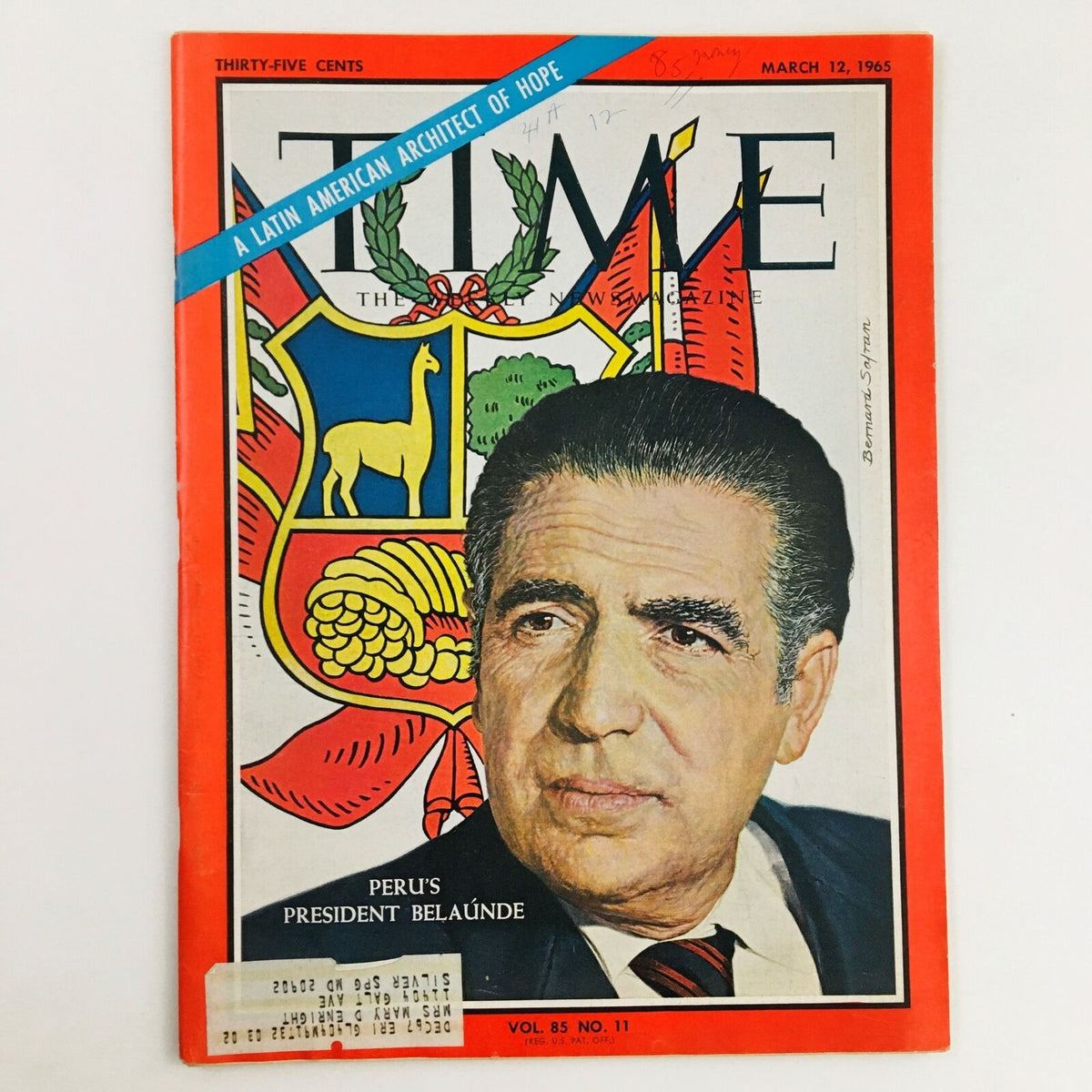 Time Magazine March 12 1965, featuring Peru's President Fernando Belaúnde on the cover with colorful national emblem and historical significance.