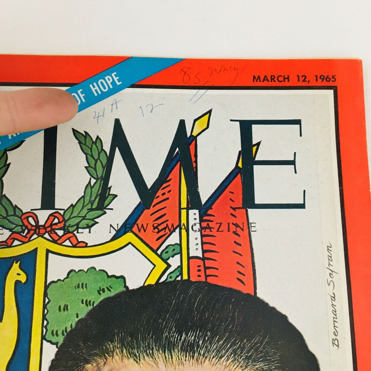 Close-up of Time Magazine March 12 1965 cover, showing details of the publication and hand-written notes, featuring Peru's President Fernando Belaúnde.