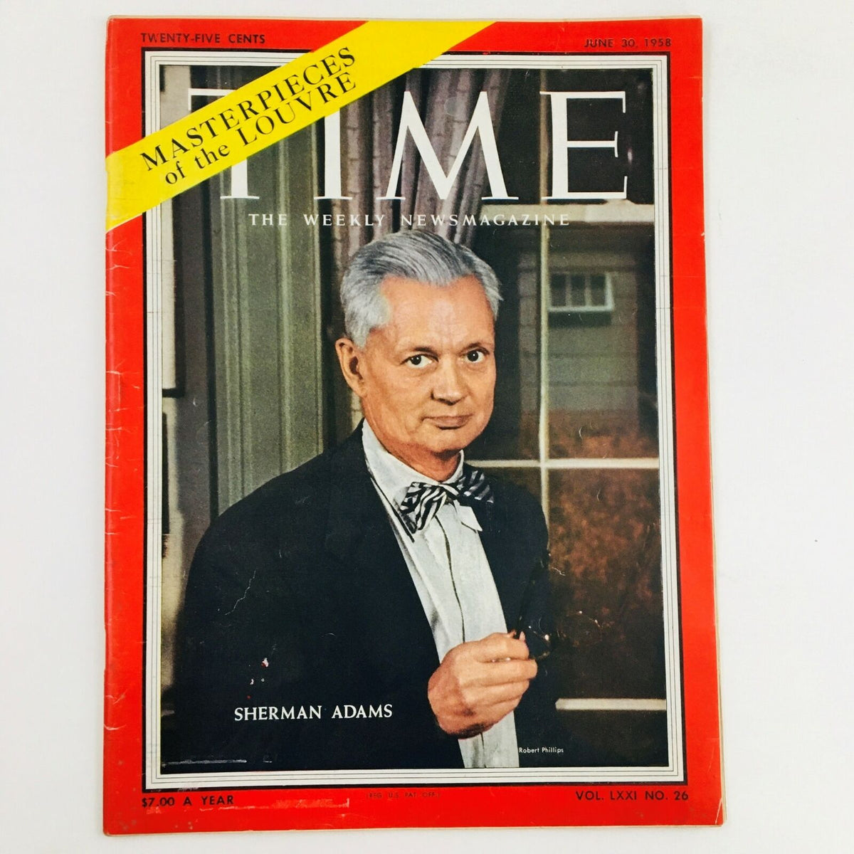 Cover of Time Magazine June 30, 1958, Vol. 71 No. 26 featuring Sherman Adams, showcasing a portrait of him dressed in formal attire with a bow tie against a vintage backdrop.