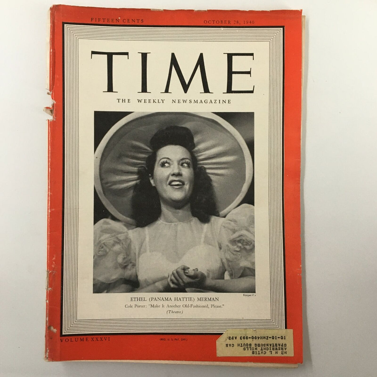 Cover of VTG Time Magazine dated October 28, 1940, featuring Ethel (Panama Hattie) Merman, showcasing her vibrant performance in the theatre.