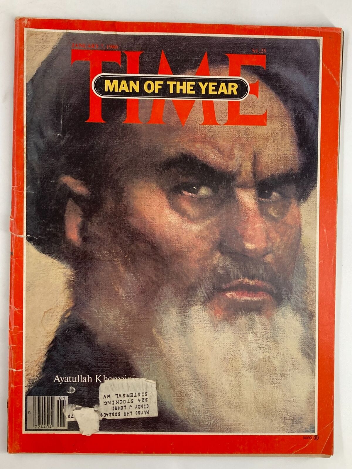 Cover of Time Magazine from January 7, 1980, featuring Ayatollah Khomeini as Man of the Year, showcasing his powerful gaze and significant impact during the Iranian Revolution.