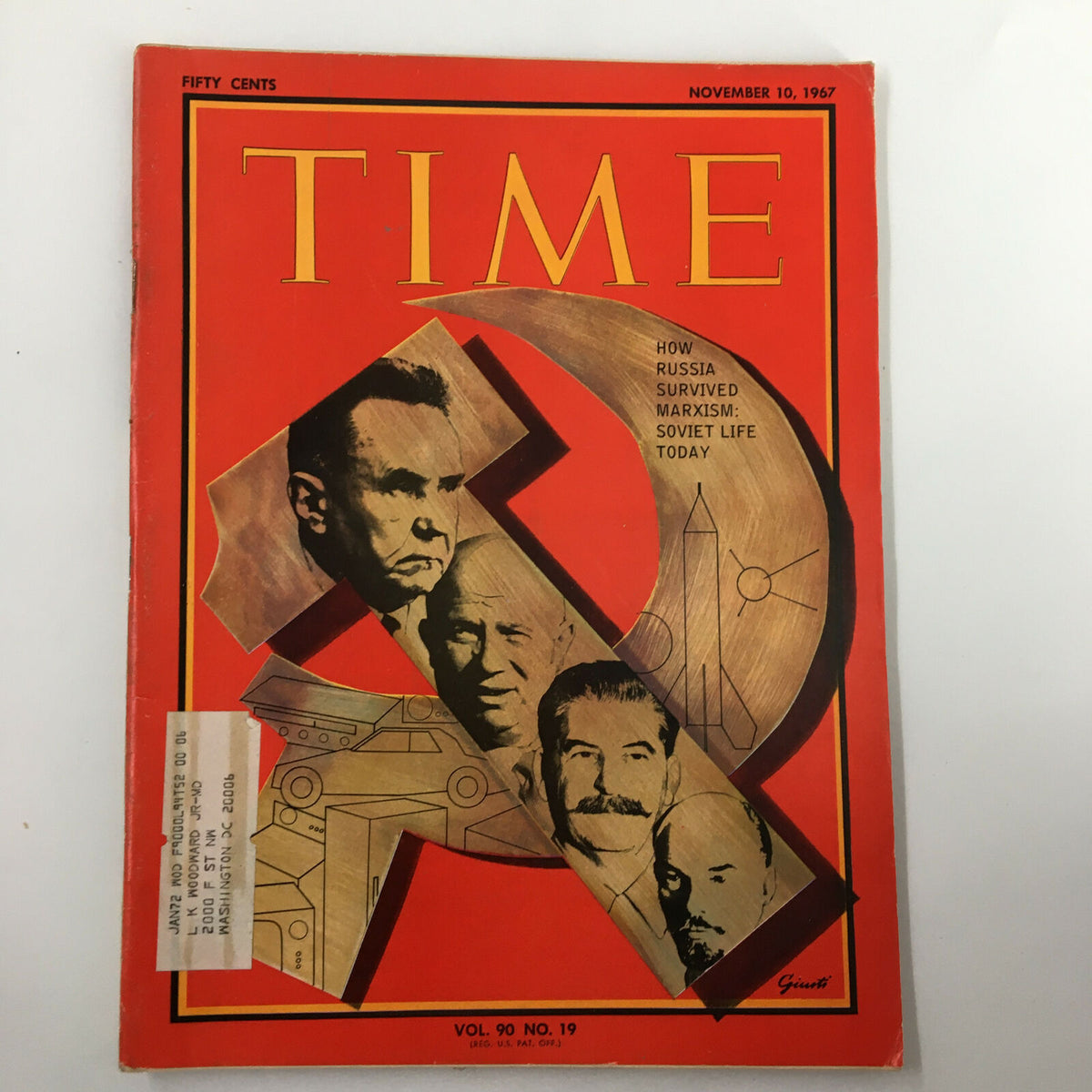 Cover of the vintage Time Magazine from November 10, 1967, titled 'How Russia Survived Marxism: Soviet Life Today.' The cover features iconic imagery associated with the Soviet Union, including a hammer and sickle, and portraits of notable Soviet leaders such as Stalin and Lenin.