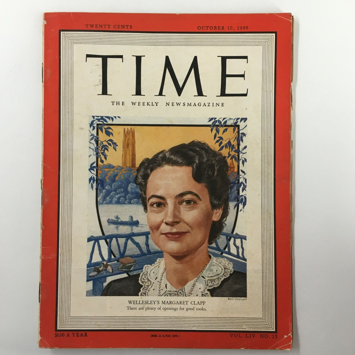 Vintage Time Magazine cover from October 10, 1949, featuring Wellesley's Margaret Clapp, Volume 54, No. 15. A historic publication showcasing significant mid-20th century American culture.