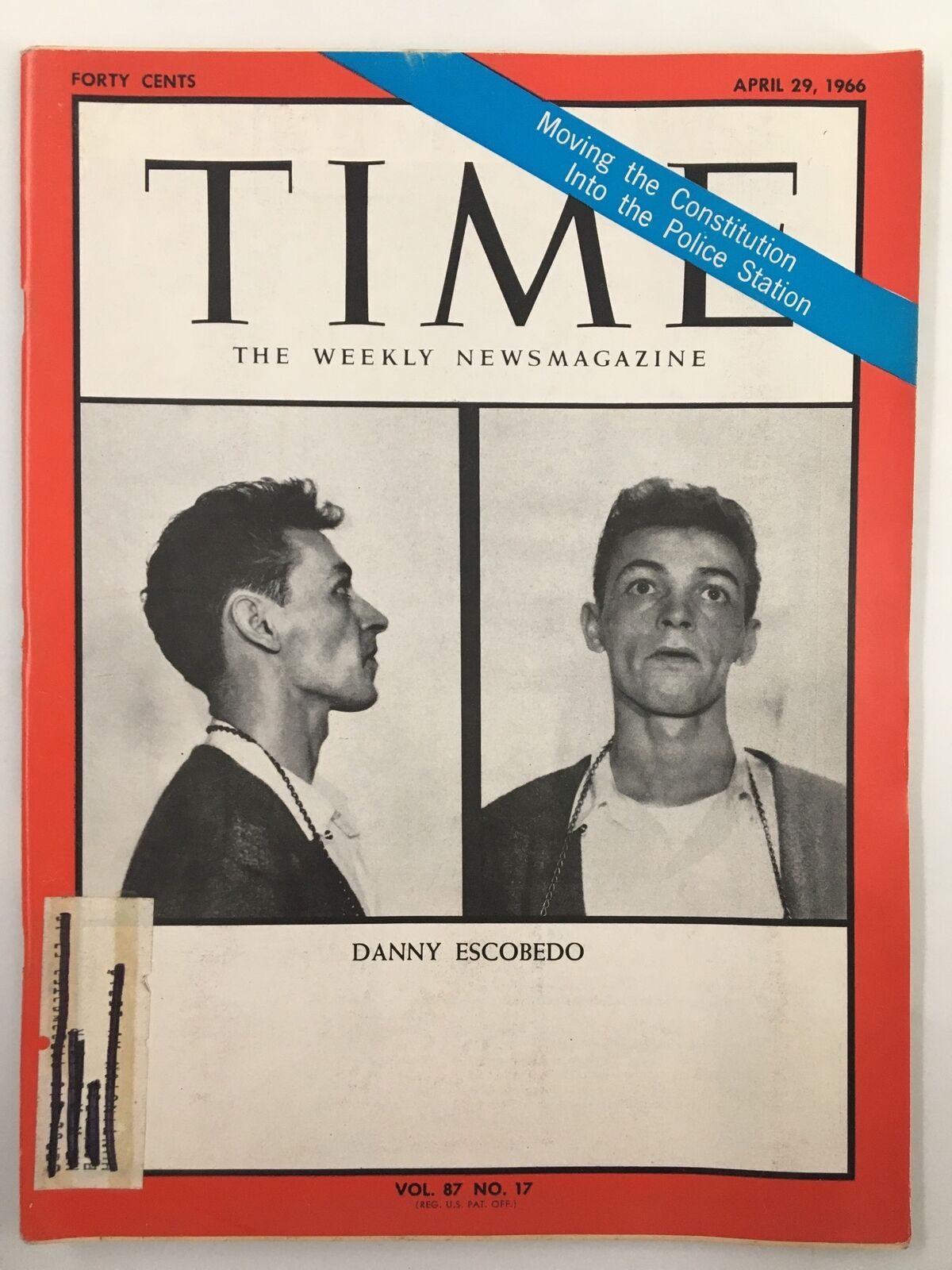 VTG Time Magazine April 29 1966 Vol 87 #17 featuring Danny Escobedo on the cover with the headline 'Moving the Constitution Into the Police Station'.