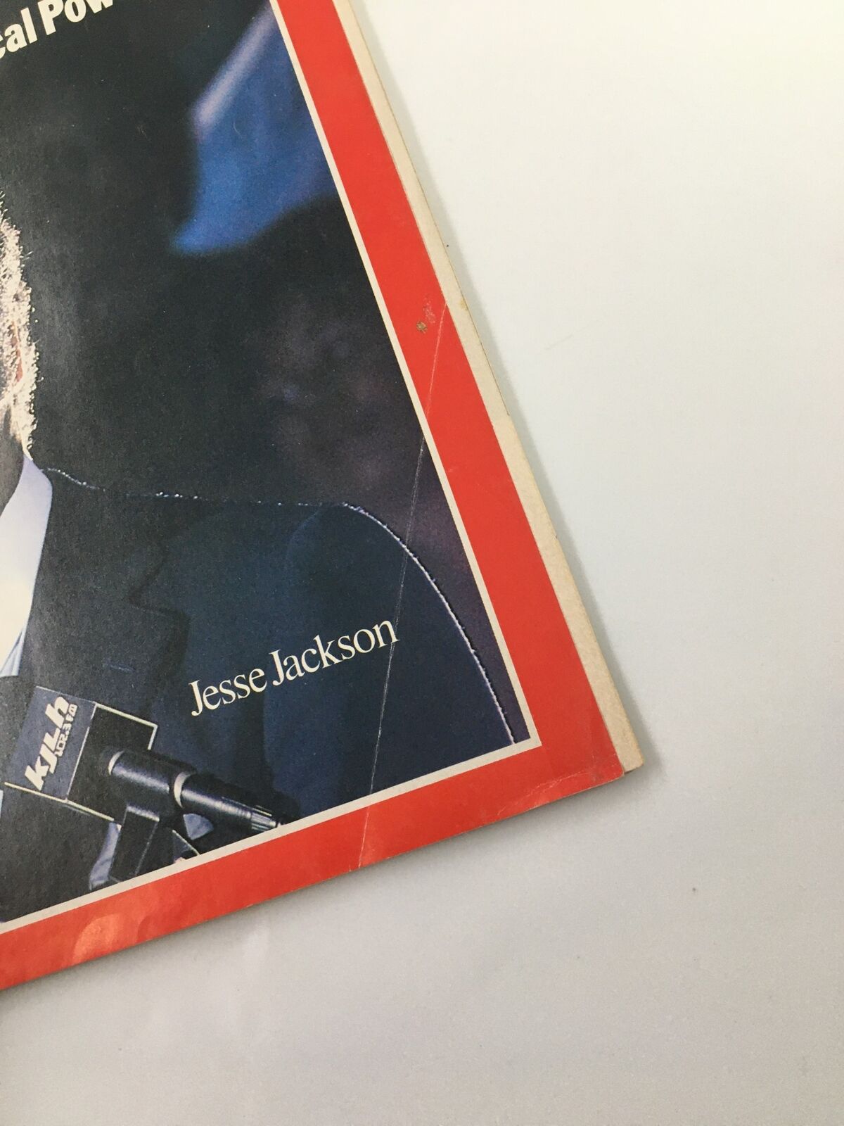 Detailed look at the bottom corner of the VTG Time Magazine August 22 1983 with Jesse Jackson on the cover, illustrating the magazine's age and character.