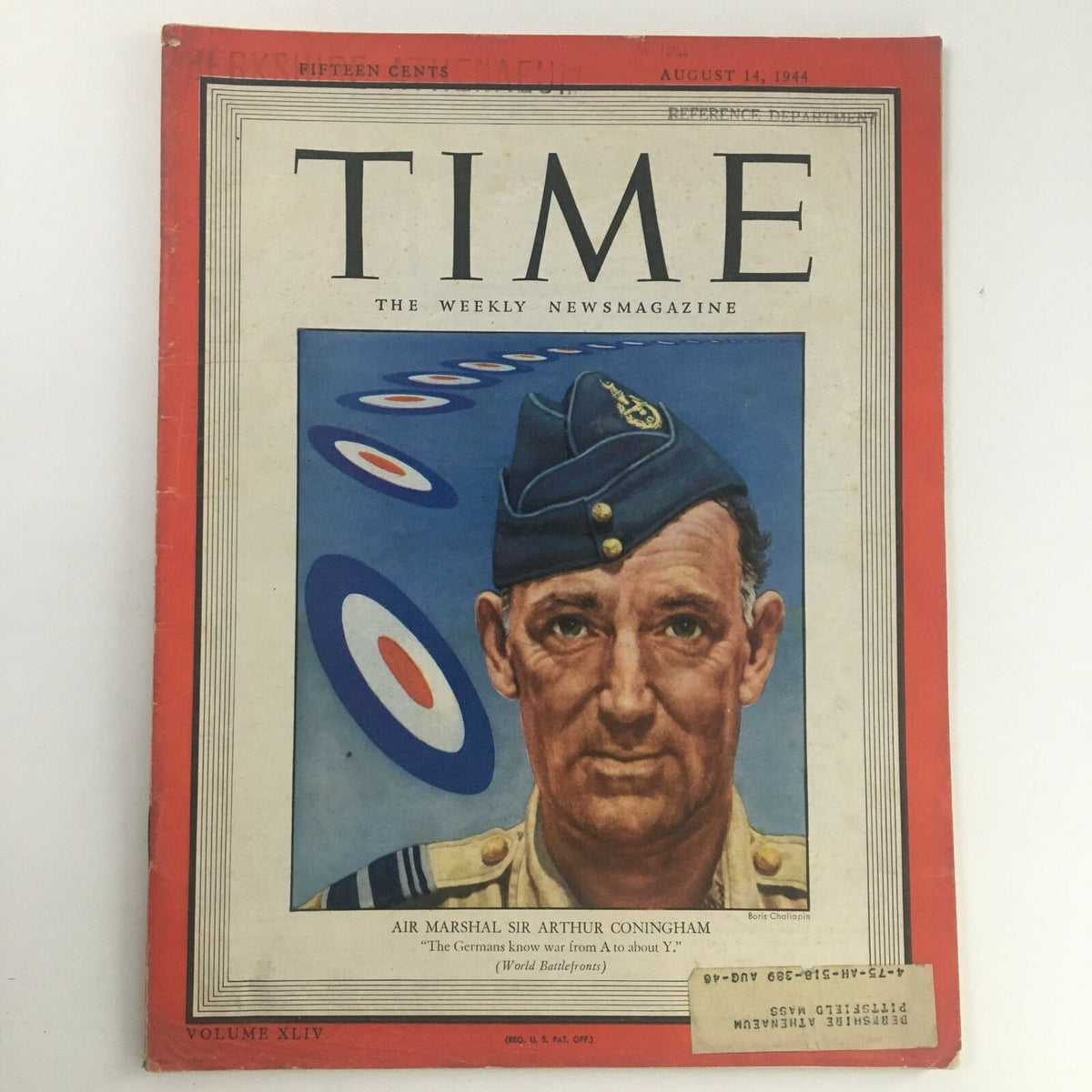 Cover of Time Magazine from August 14, 1944, Volume 44, No. 7 featuring Air Marshal Sir Arthur Coningham, reflecting World War II themes.