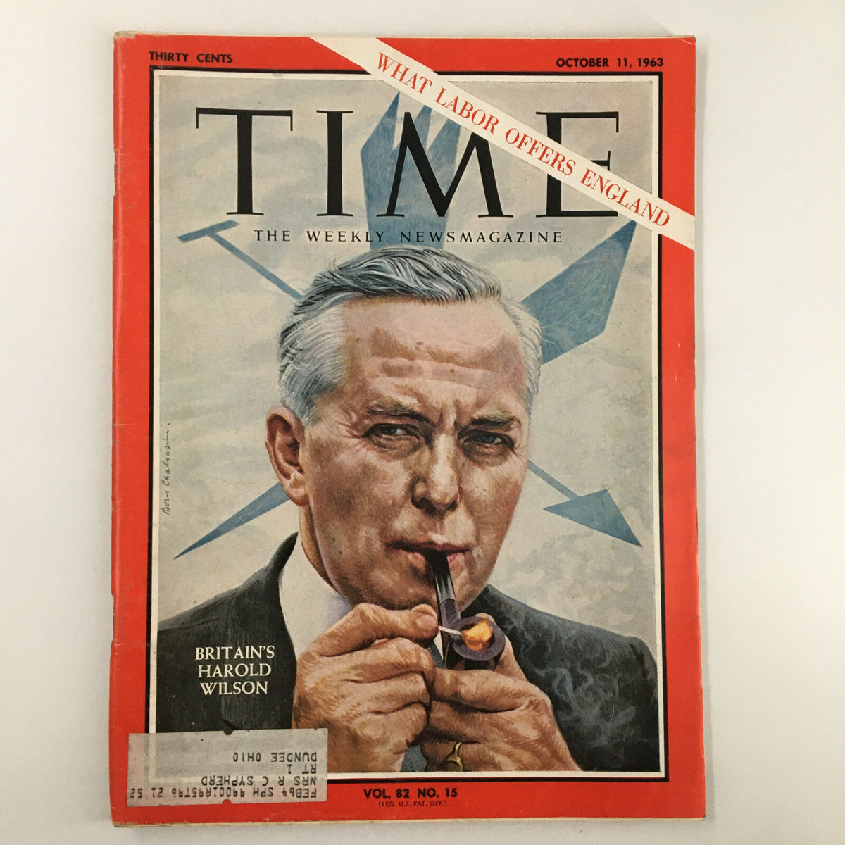 Cover of VTG Time Magazine from October 11, 1963, featuring Britain’s Harold Wilson, Volume 82, Number 15, showcasing a vintage political theme.