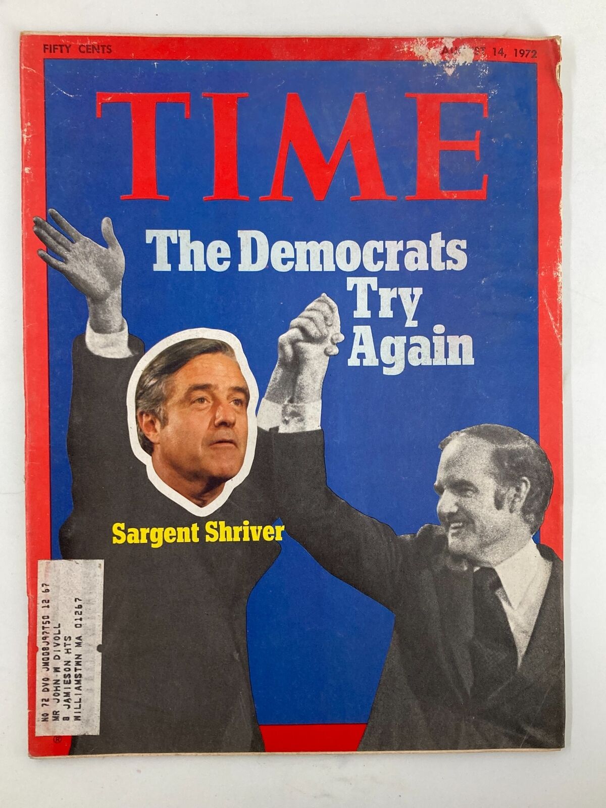 Front cover of VTG Time Magazine from August 14, 1972, featuring Sargent Shriver and the headline 'The Democrats Try Again'.