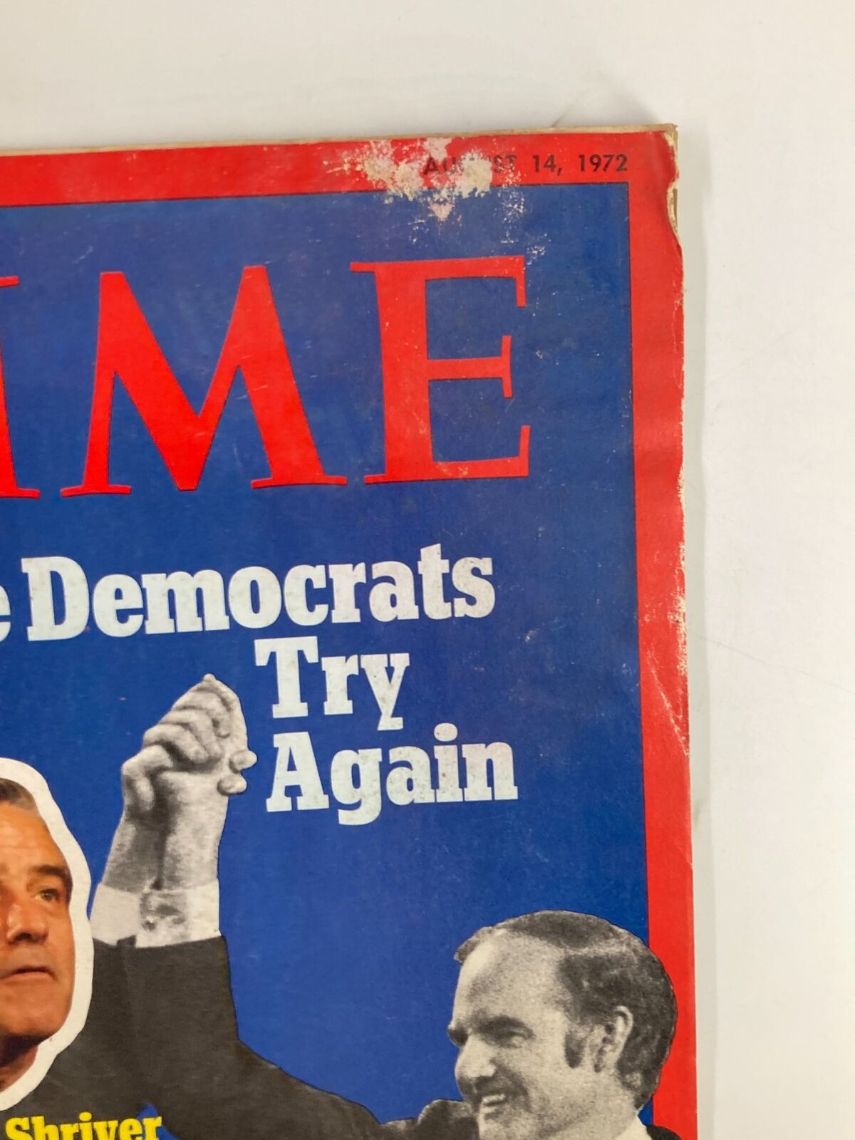 Close-up of the top section of the VTG Time Magazine from August 14, 1972, highlighting the title 'The Democrats Try Again' and Sargent Shriver.