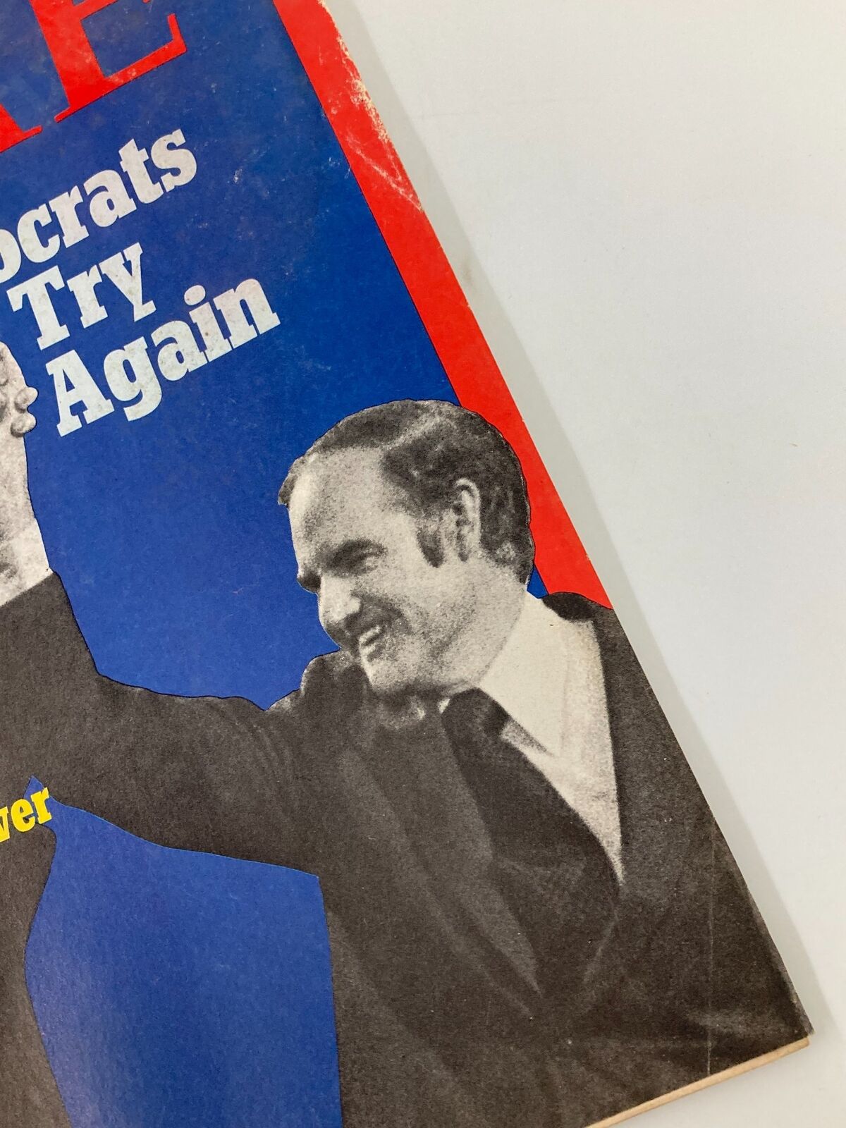 Detailed view of the left side of the VTG Time Magazine from August 14, 1972, showing Sargent Shriver with a smiling figure and the cover headline.