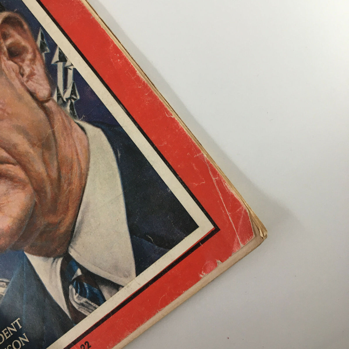 Detail view of the corner of VTG Time Magazine November 29 1963 cover featuring President Lyndon B. Johnson, showing edges with minor wear, indicative of its historical age.