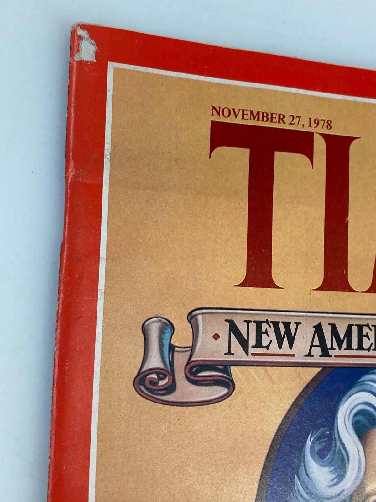 Close-up view of the VTG Time Magazine November 27 1978 cover, highlighting the date and the title, along with minor wear details, featuring Letitia Baldrige.