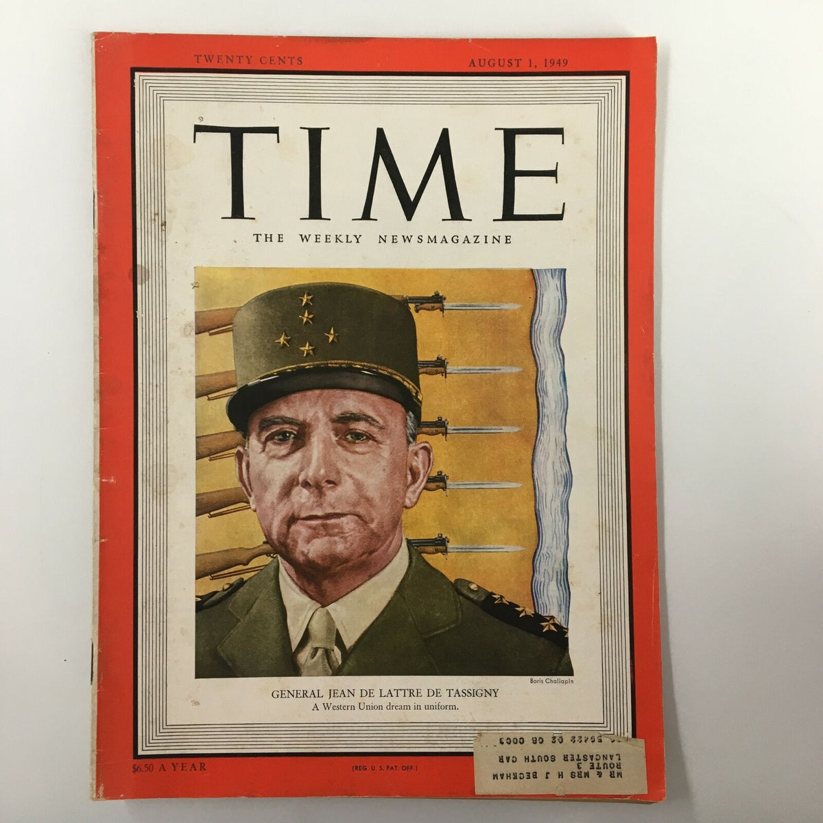 Vintage Time Magazine cover from August 1, 1949 featuring General Jean de Lattre de Tassigny, showcasing a historical military portrait with notable graphic design elements.
