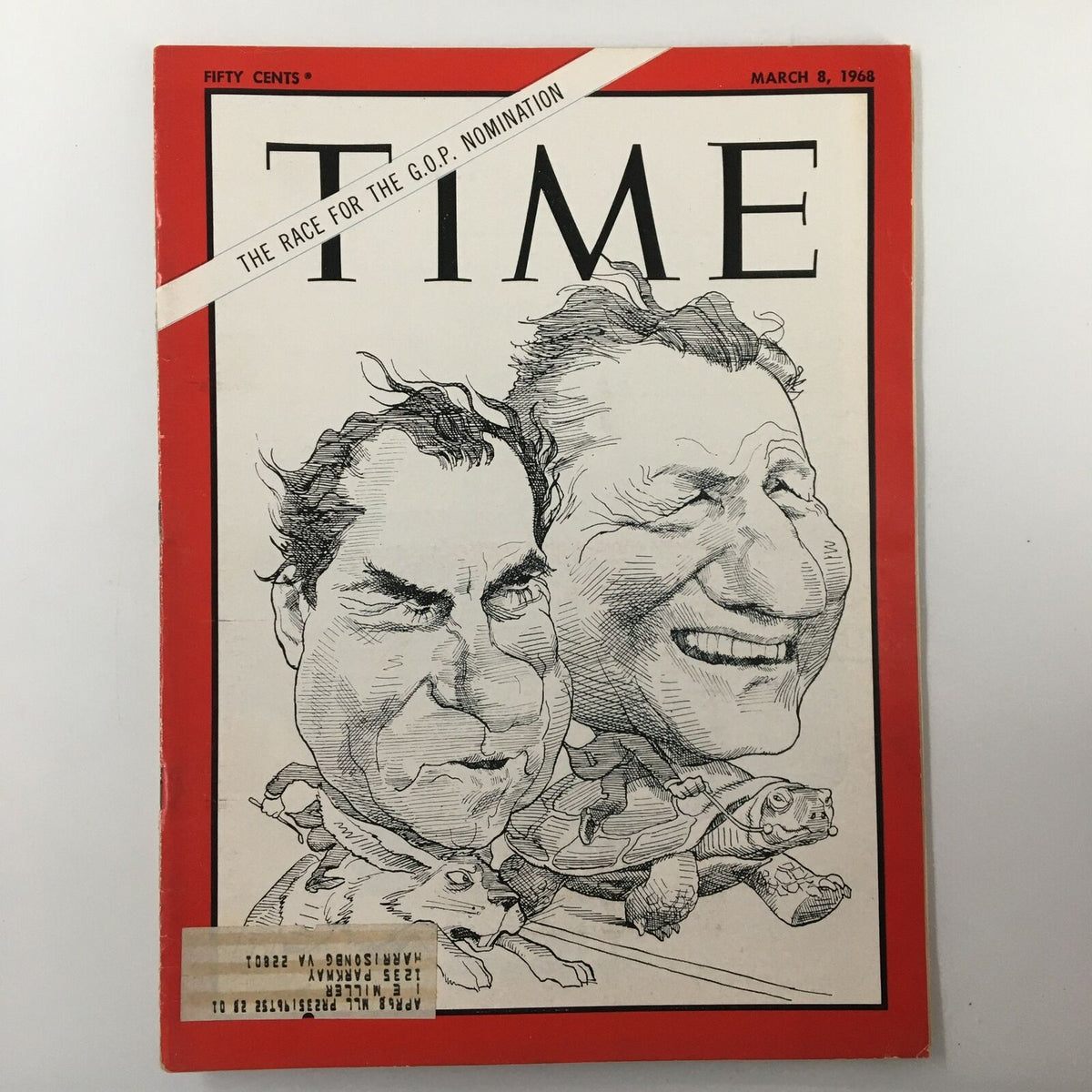 Cover of VTG Time Magazine dated March 8, 1968, featuring caricatures of Richard Nixon and Nelson Rockefeller, highlighting the race for the G.O.P. nomination.