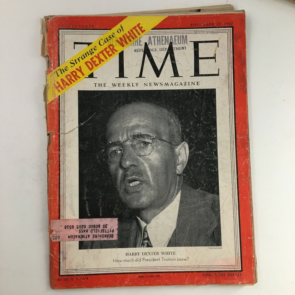 Cover of Time Magazine November 23 1953 featuring American architect Harry Dexter White, with text highlighting his case and visible wear.