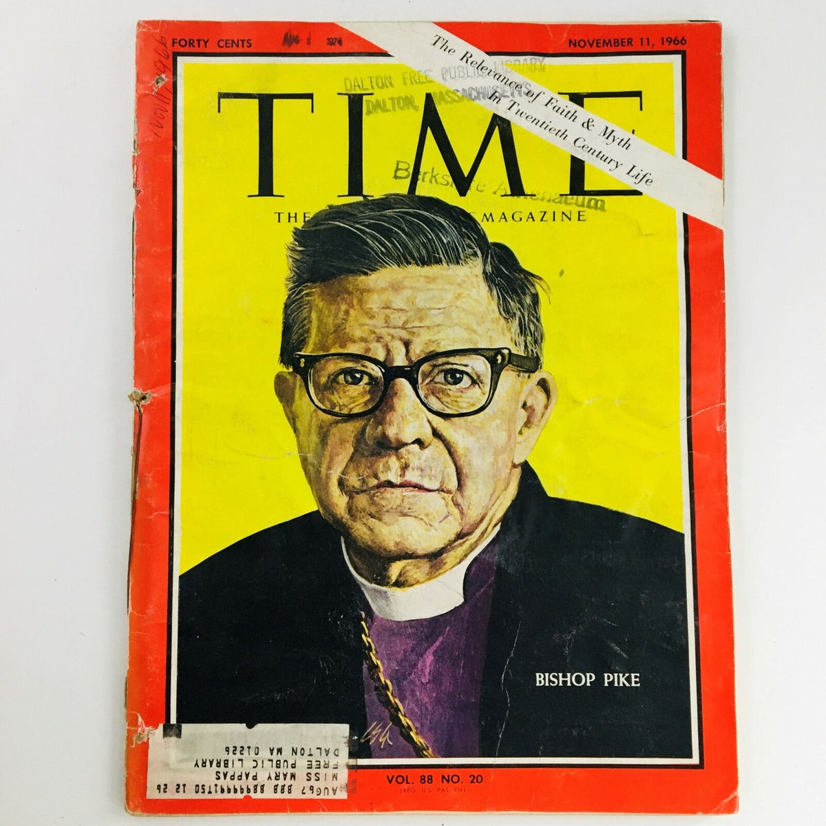 Time Magazine cover from November 11, 1966 featuring Episcopal Bishop James Albert Pike, Vol 88 #20. The cover includes a vibrant portrait of Bishop Pike against a bold yellow background, showcasing its vintage appeal.