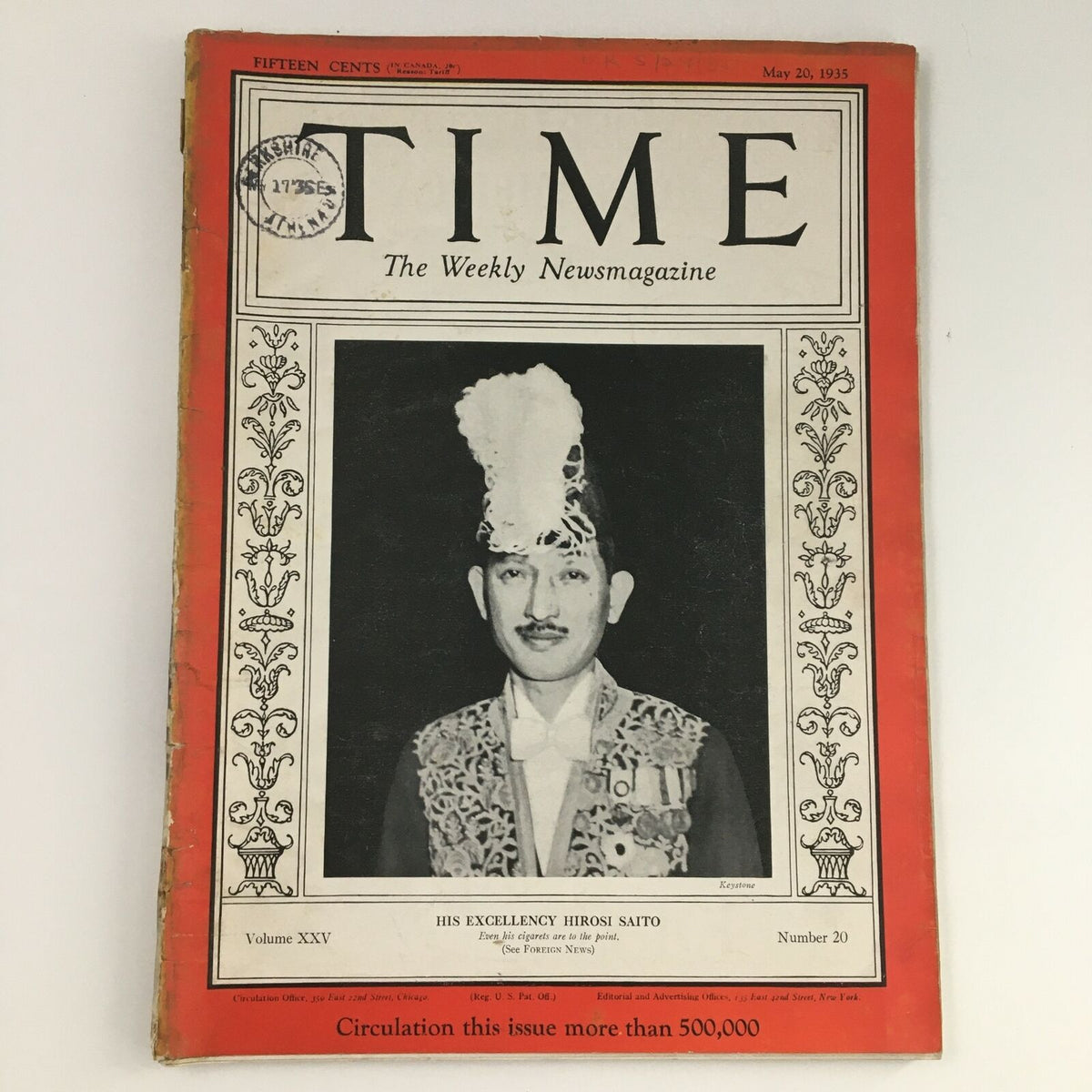 Time Magazine May 20, 1935 Vol 25 #20 featuring His Excellency Hiroshi Saito, Japan's Ambassador to the U.S., on the cover.